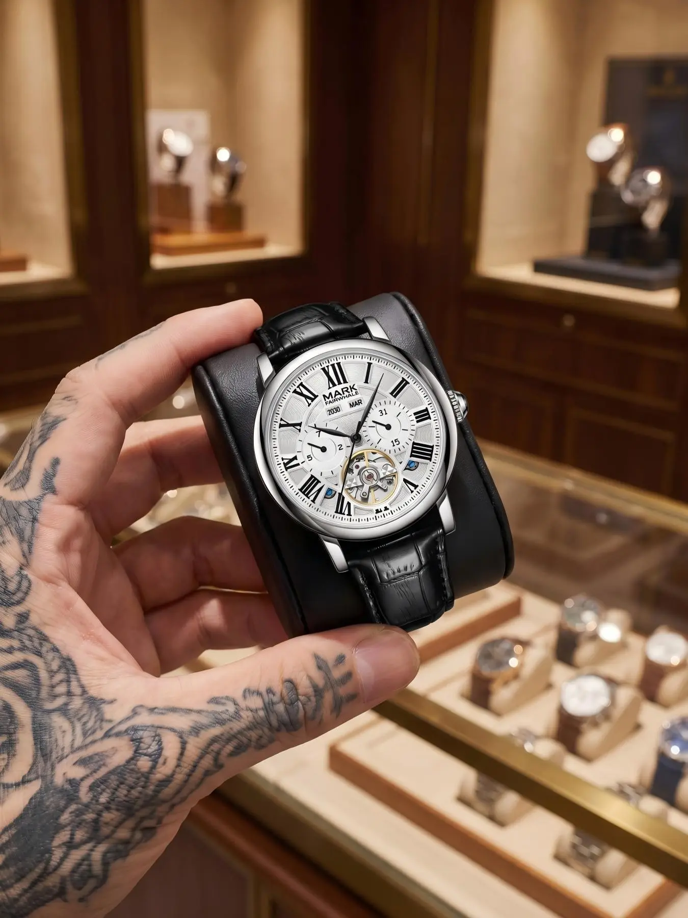 Mark Fairwhale Men's Mechanical Watch, Waterproof Business Style, Analog Round Face, Stainless Steel Case, Mineral Glass Dial, Fw-6017