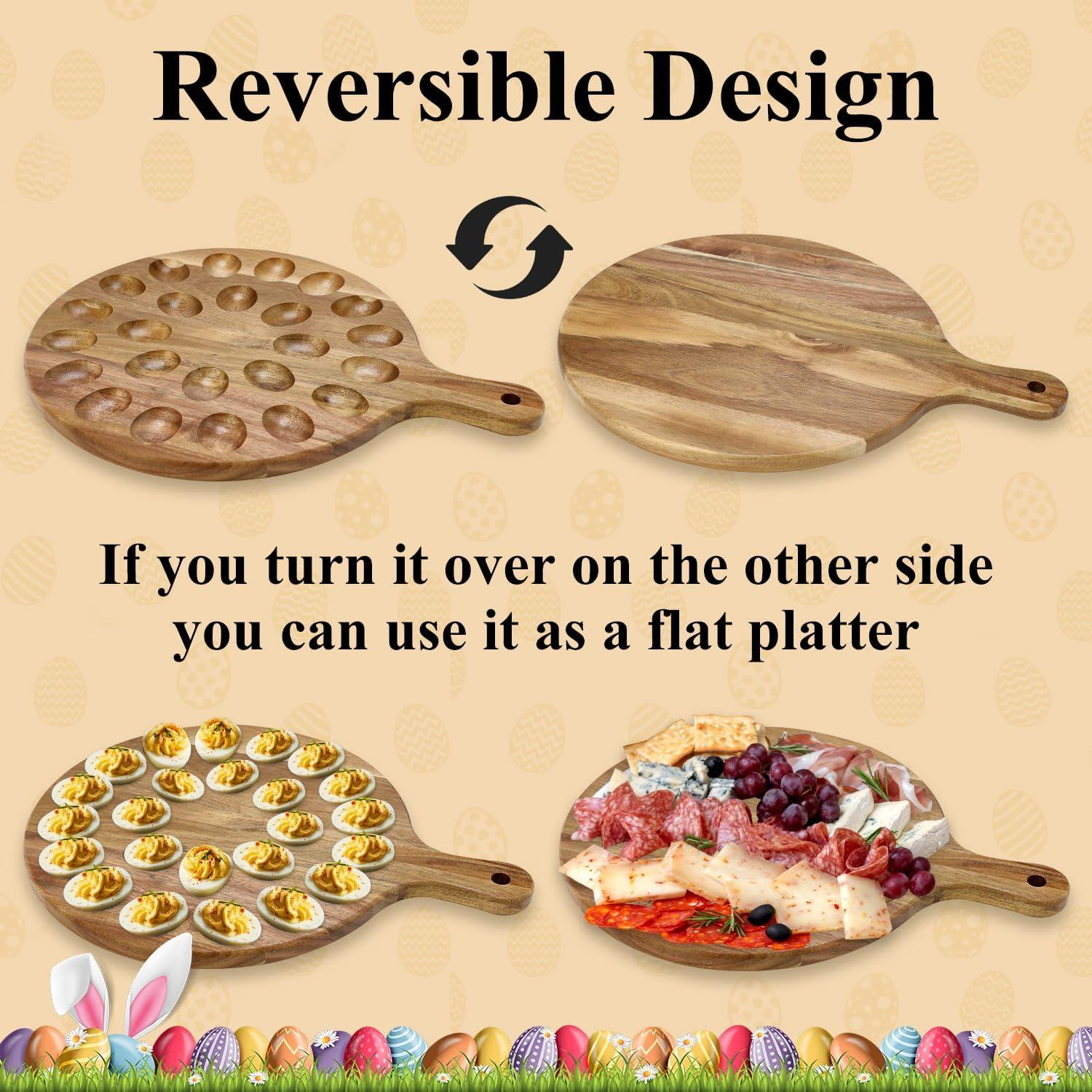 Deviled Egg Platter Wooden Deviled Egg Tray Reversible 24 Holes Round Egg Holder Container Charcuterie Board for Kitchen Countertops Serving Tray