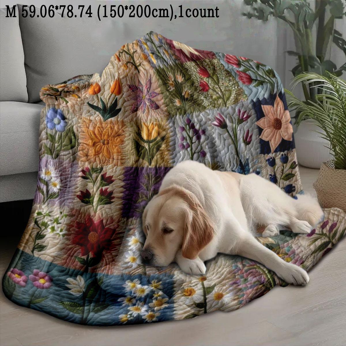 Floral Pattern Patchwork Quilted Throw Blanket, Soft Comfortable Warm Napping Blanket, Cool Bedroom Bedding Blankets for Home Office Travel Dormitory, Soft Comfy Blanket