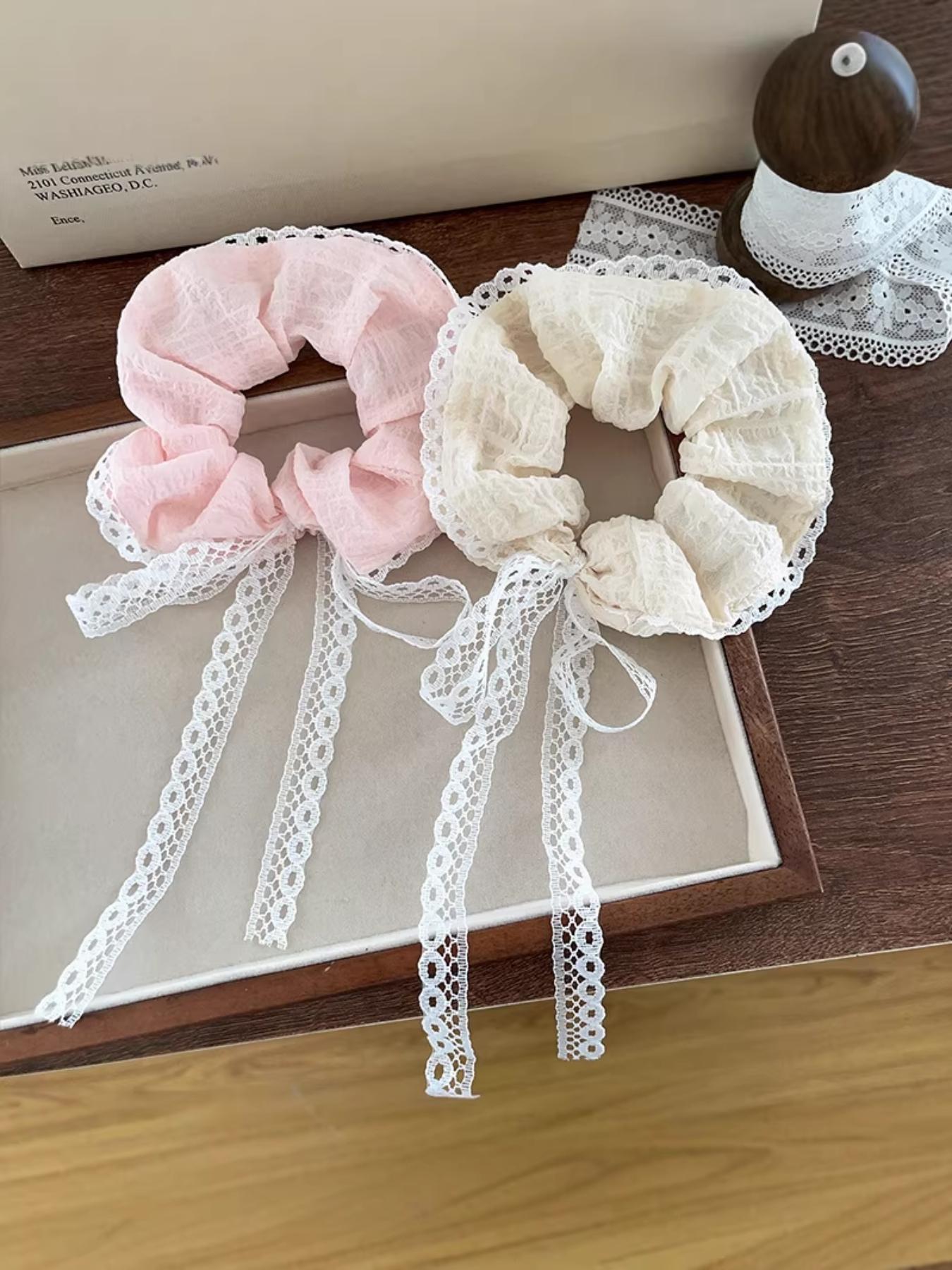 2 Pcs Korean Style Lace Edged Hair Ties, Elegant Bow Design, Casual All-Season Headband, Ditsy Floral Pattern, High-Quality Elastic Bands