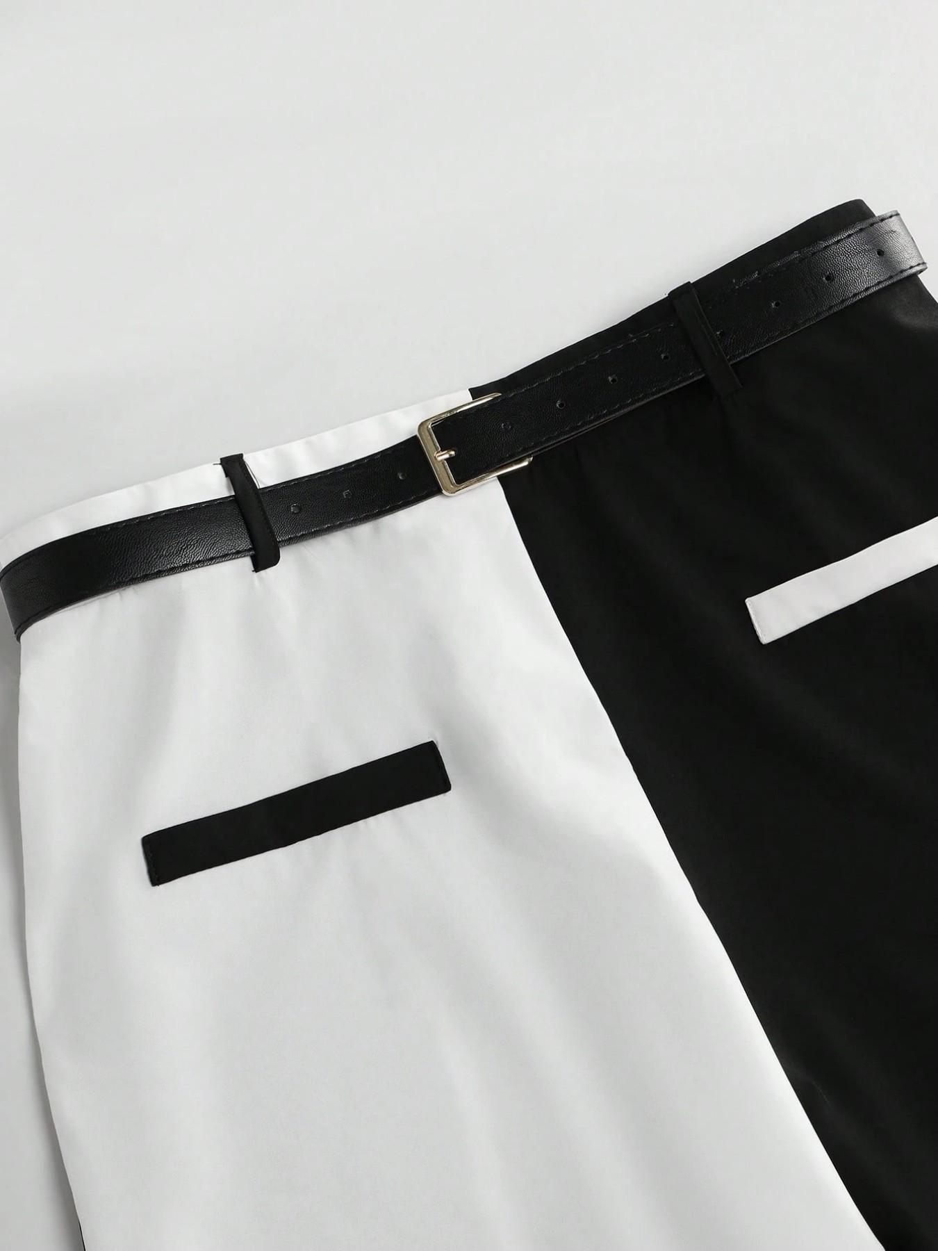 Plus Size Women’s Black and White Contrast Belted A-Line Skirt, Minimalist Elegant Work Midi Skirt for Office, Business, Wedding Guest and Casual Wear