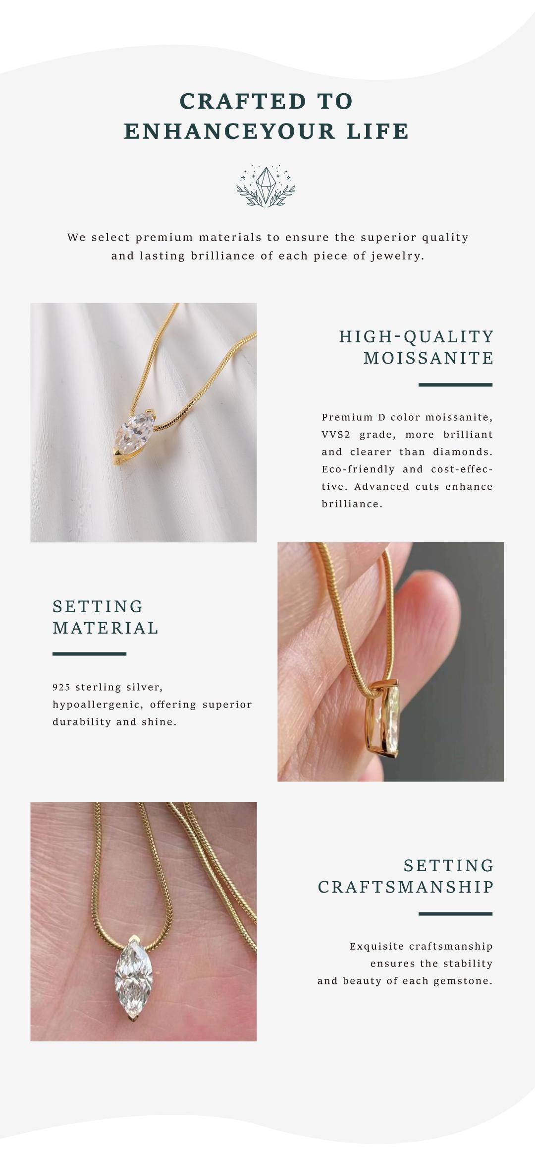 Moi Mart Marquise Cut Synthetic Moissanite Pendant Necklace - S925 Silver Solitaire Clavicle Chain, Trendy Choker Necklace, Perfect Gift and Daily Wear