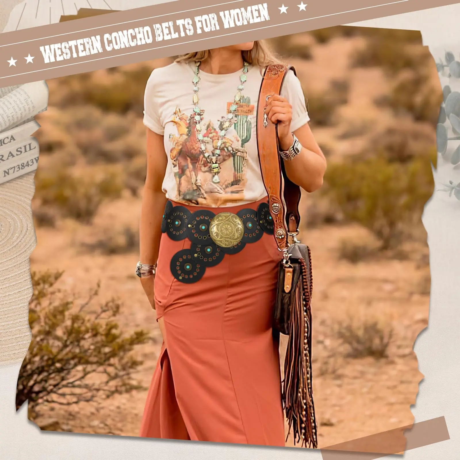Wide Western Disc Belt Cowgirl Boho Faux Leather Belt for Jeans Women main image 4