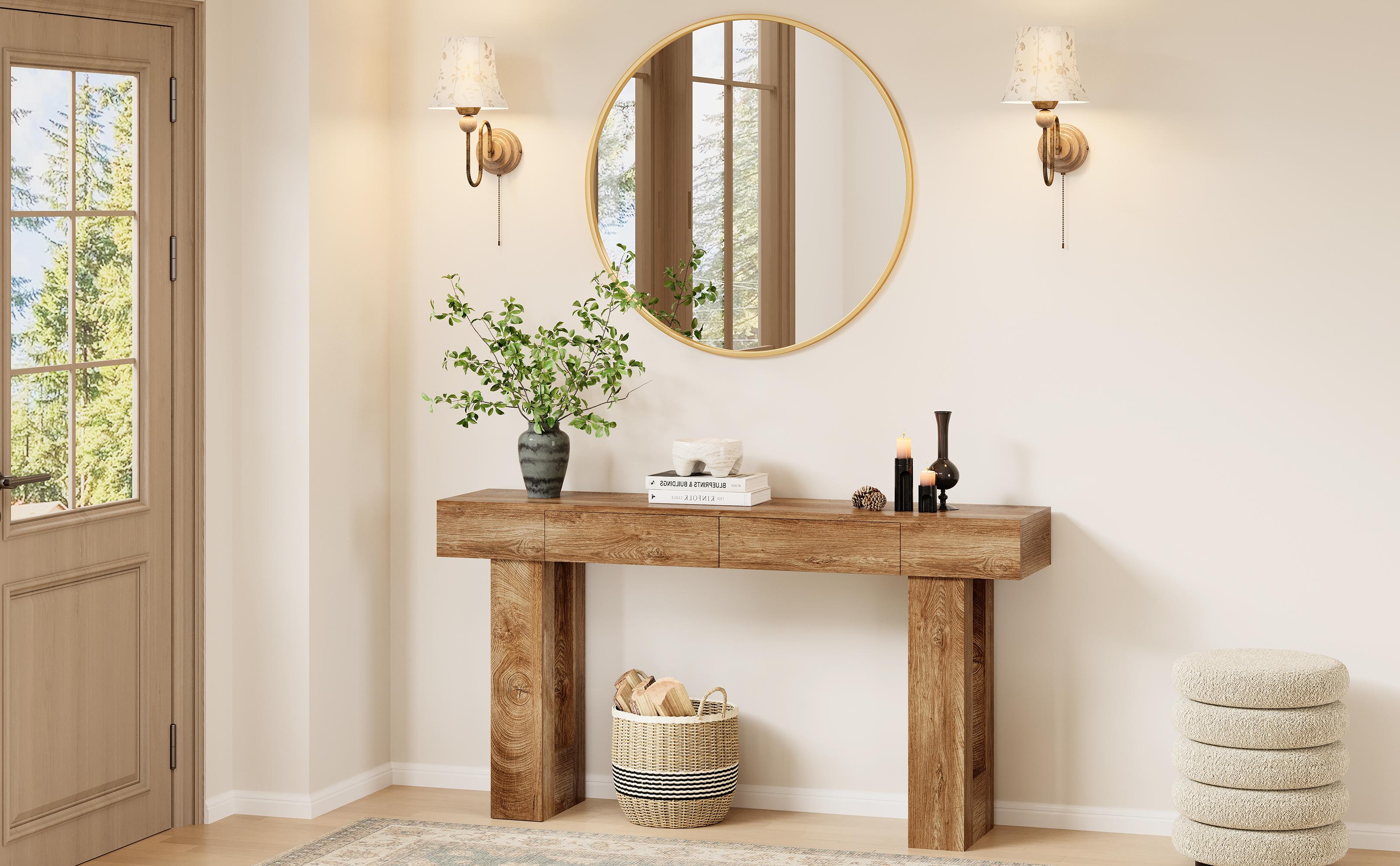 IRONCK 63" Long Console Table with 2 Drawers, Wooden Sofa Table Behind Couch, Farmhouse Entryway Table for Entrance, Living Room, Hallway Rectangular Tabletop Modern Furniture