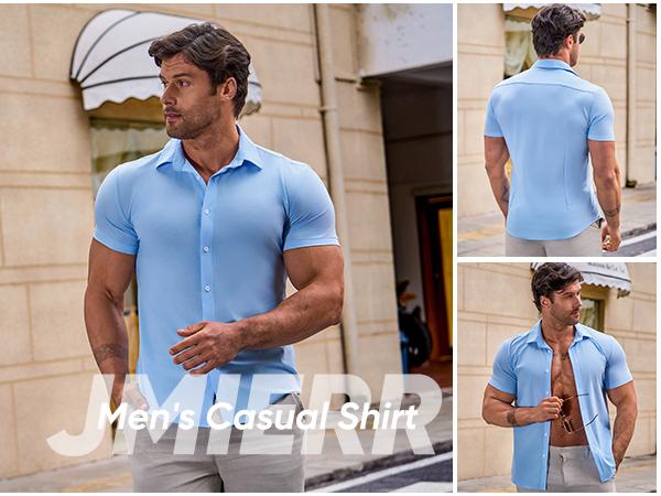 JMIERR Mens Muscle Fit Dress Shirts Casual Button Down Shirt Short Sleeve Wrinkle-Free Shirts