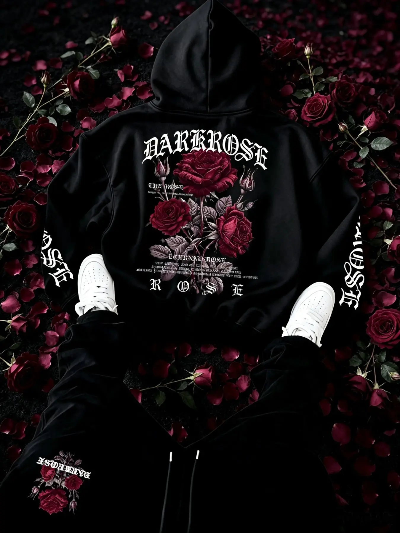 Men's Dark Style Letter Rose Print Hoodie Set, Drawstring Casual Sports Pants, Outdoor Daily Wear, 2-Piece Set, Comfortable and Stylish, Letter Print Sweatsuit