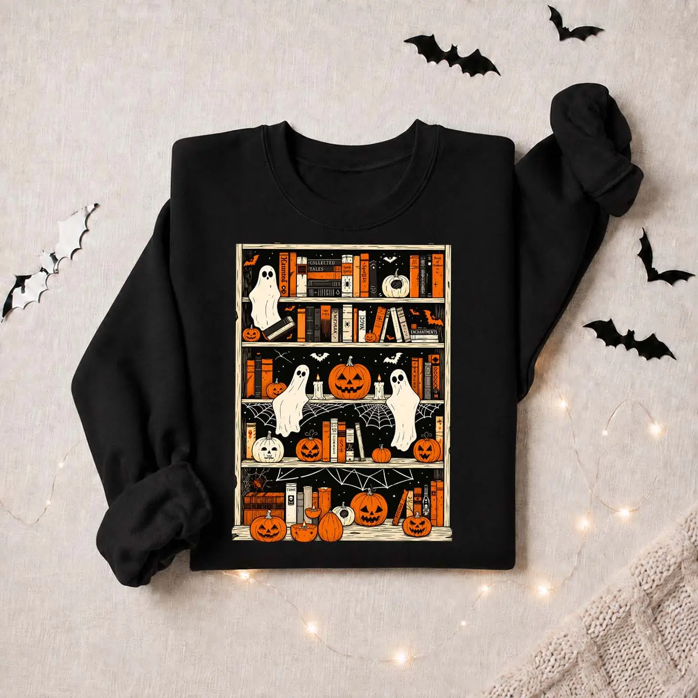 Women’s Halloween Ghost & Pumpkin Bookshelf Graphic Sweatshirt, Spooky Library Crewneck Pullover, Cozy Long Sleeve Fall Top, Cute Autumn Shirt for Book Lovers, Halloween Parties, Pumpkin Patch, Weekend Wear & Seasonal Gifts