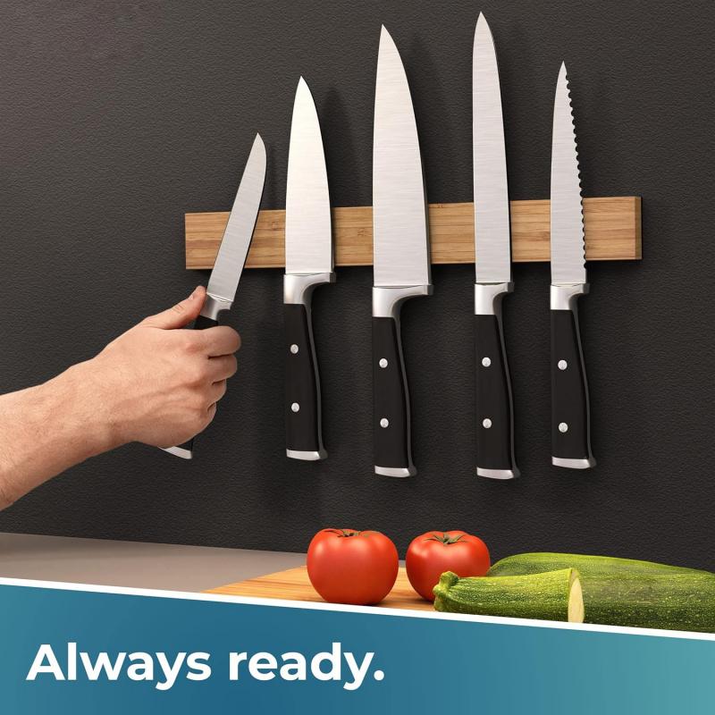 16" Magnetic Knife Holder for Wall, No-Drill Bamboo Knife Magnetic Strip, Extra strong Knife Holder, Self Adhesive Tape