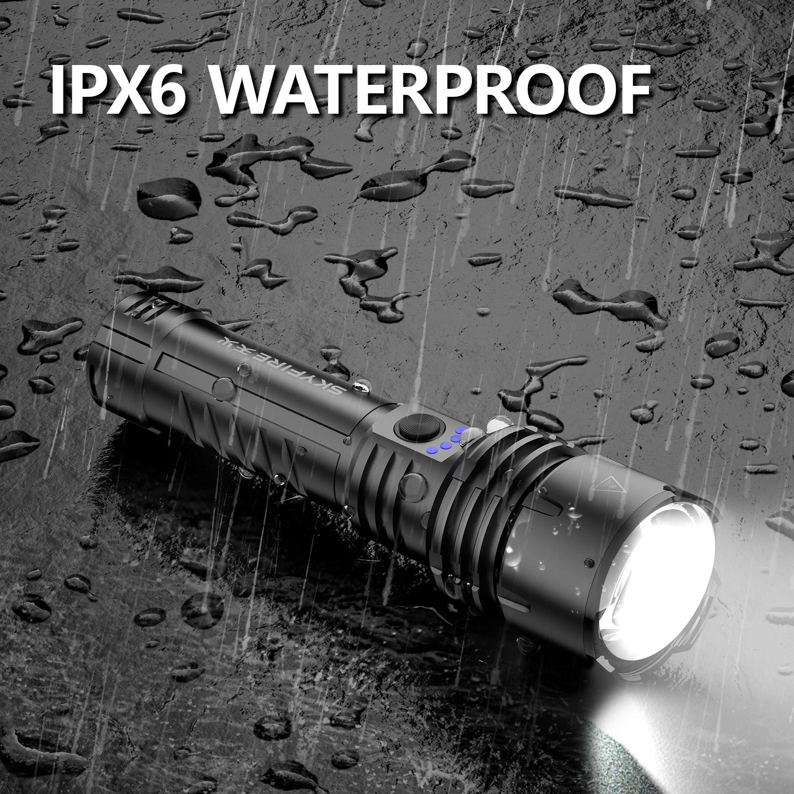SKYFIRE 1376 Double Power Rechargeable Flashlight - High Lumen Ultra Bright, Zoomable with Fire-Gathering Lens, 5 Light Modes for Camping Outdoor Home Emergencies