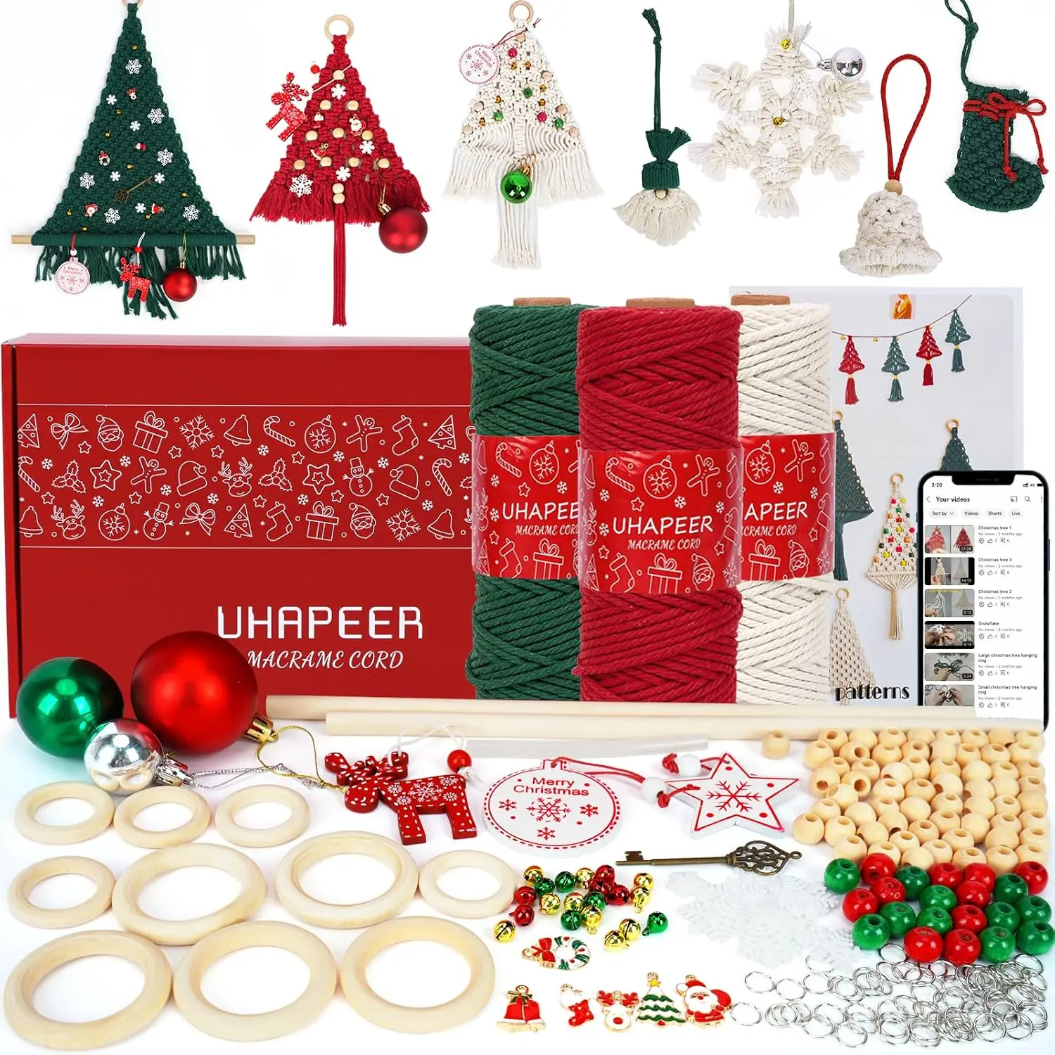 137PCS Macrame Kits for Adults Beginners DIY Macrame Christmas Tree and Boho Macrame Supplies with 3 mm Macrame Cord Cotton Beads Xmas Ornaments Christmas Decorations Gifts Wall Hanging