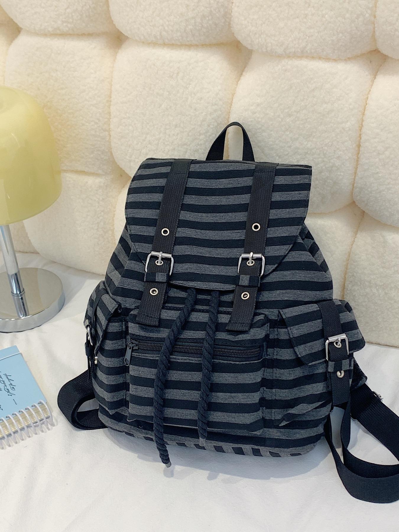 Vintage Striped Canvas Backpack for Teen Girls - Washed Retro School Bag with Multi Compartment Design, Aesthetic Bookbag for Junior High to College Students