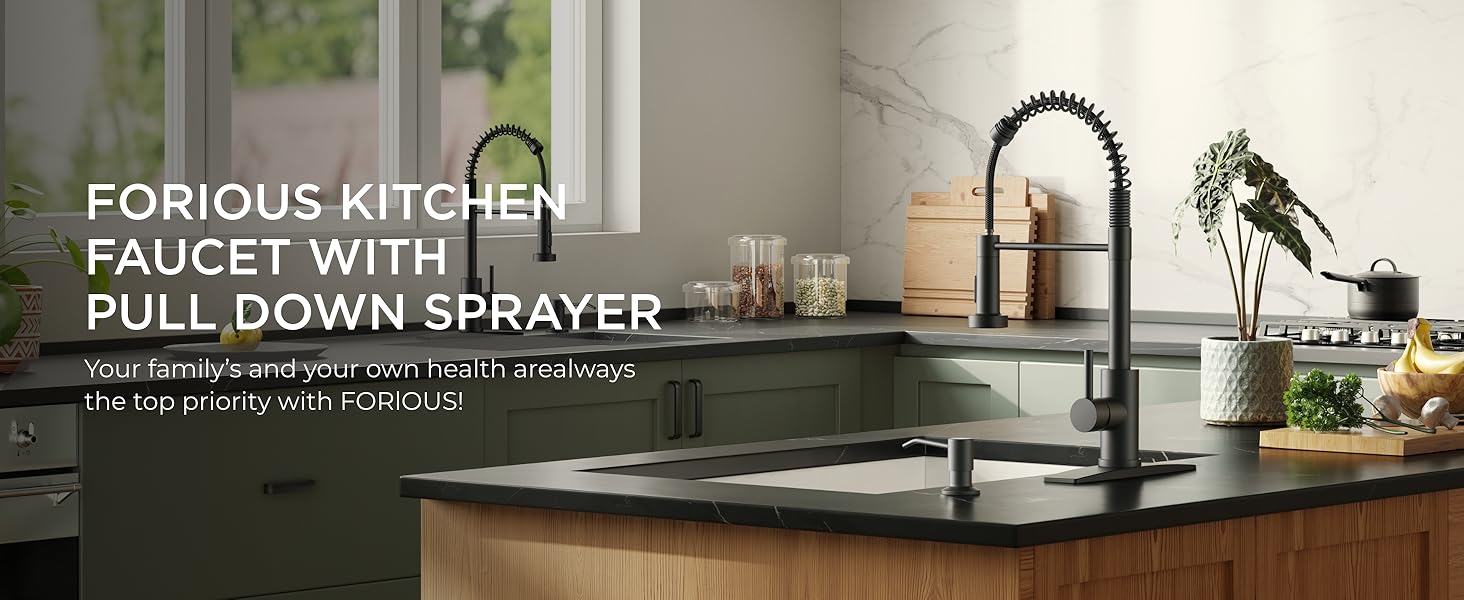FORIOUS Kitchen Faucet with Soap Dispenser, Faucets with Pull Down Sprayer, Stainless Steel High Arch Spring Sink Faucet for Laundry Sink RV Bar