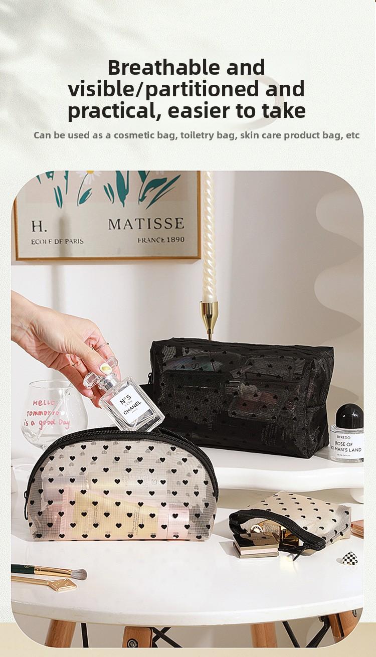 Mesh Makeup Bag Set, Heart Print Cosmetic Bag, Portable Travel Toiletry Bag for Women, Cute Makeup Organizer Pouch