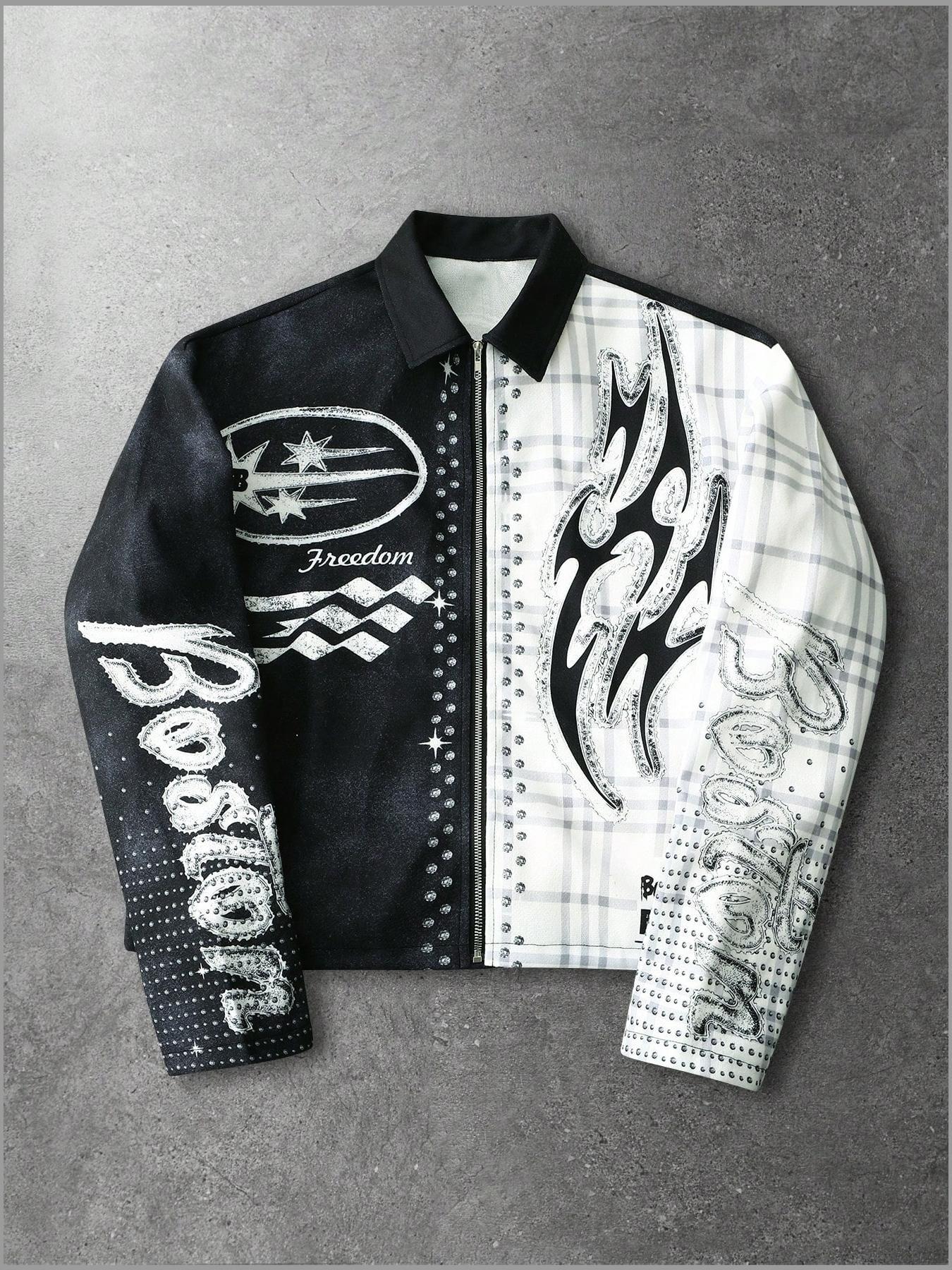 Men's Y2K Retro Racing Jacket with Asymmetric Checkered Sleeves