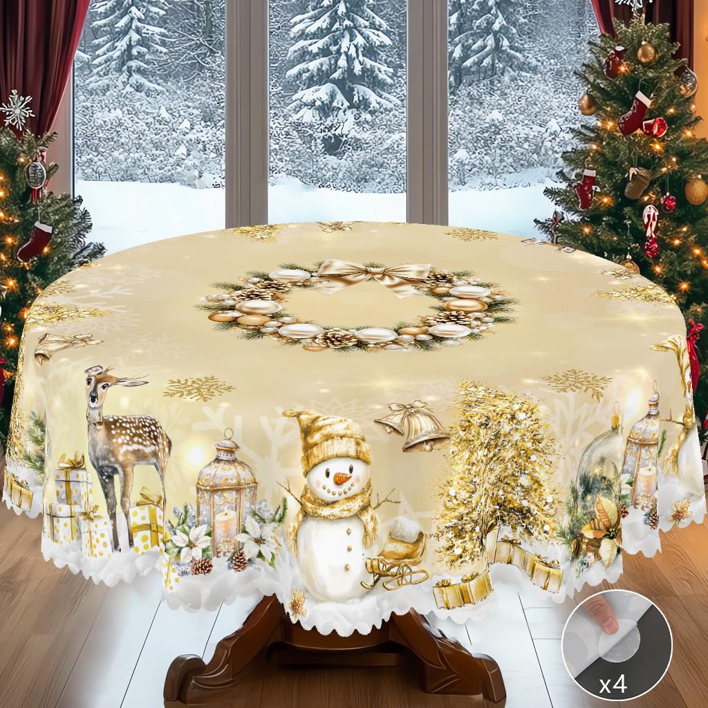 PLUMLIK Vintage Christmas Tablecloth with Santa Claus, Reindeer Patterns, Christmas Decor 2025, Christmas Party Decoration for Indoor&Outdoor, Golden Round Rectangular Table Cloth, Holiday Home kitchen Festive Decor, Christmas Gifts Dinnerware Celebration