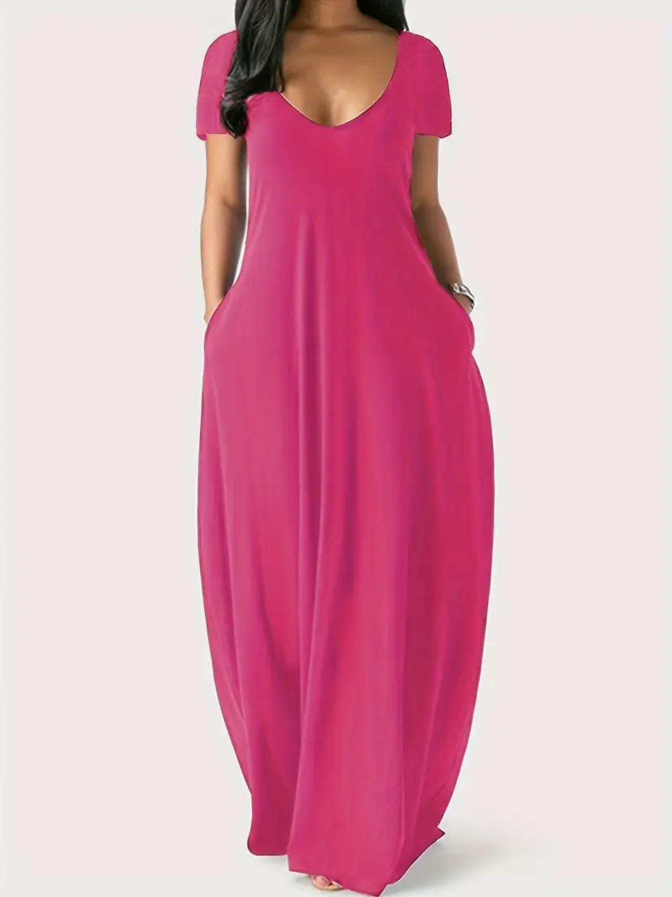 Women's Summer Beach Vacation Casual Sundress, Sexy Deep V-Neck Design with Pockets, Loose-Fit Short Sleeve Plain Style