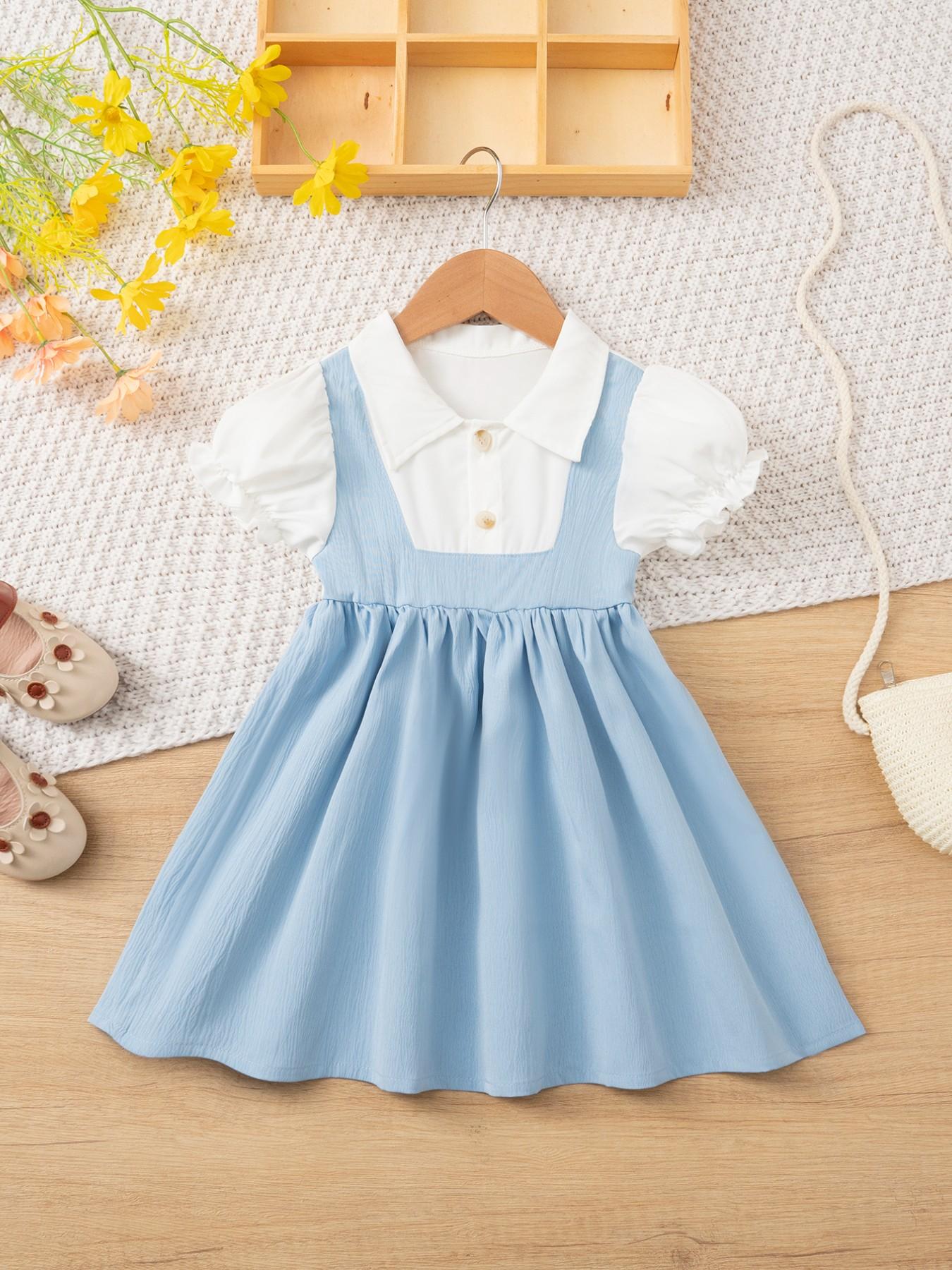 2pcs Girls' Summer Fashion Dress, Frilled Dress, Solid Colored Dress, Pure Color Princess Style, Sweet and Cute Design, Lapel Collar, Casual Wear for Kids