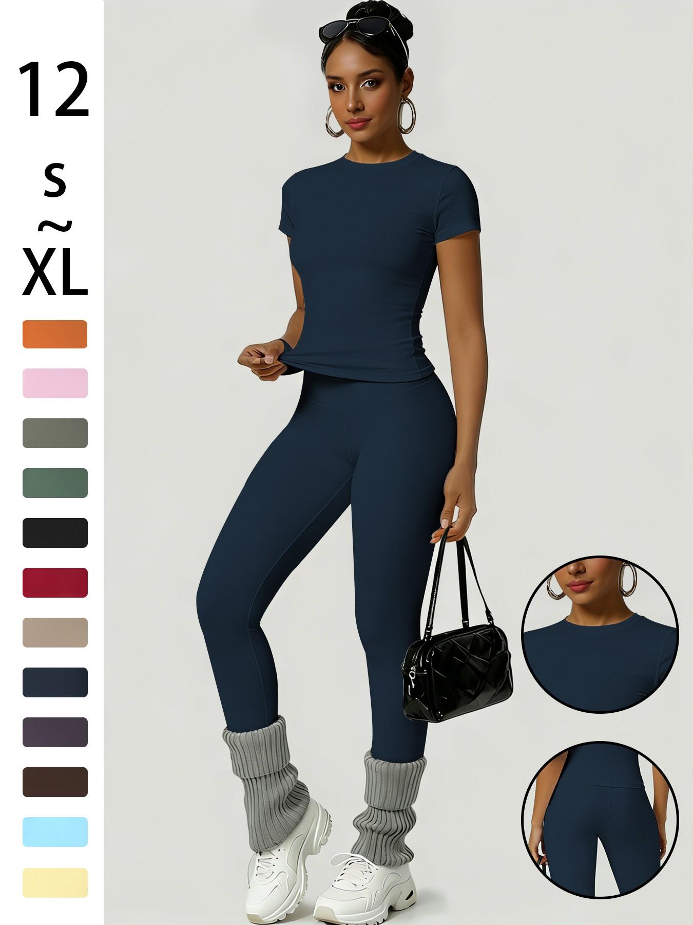 Women's Sporty Slim Fit High-Waisted Yoga Pants & Short Sleeve Round Neck Tee Set, Soft Breathable Activewear for Gym, Running and Outdoor Activities