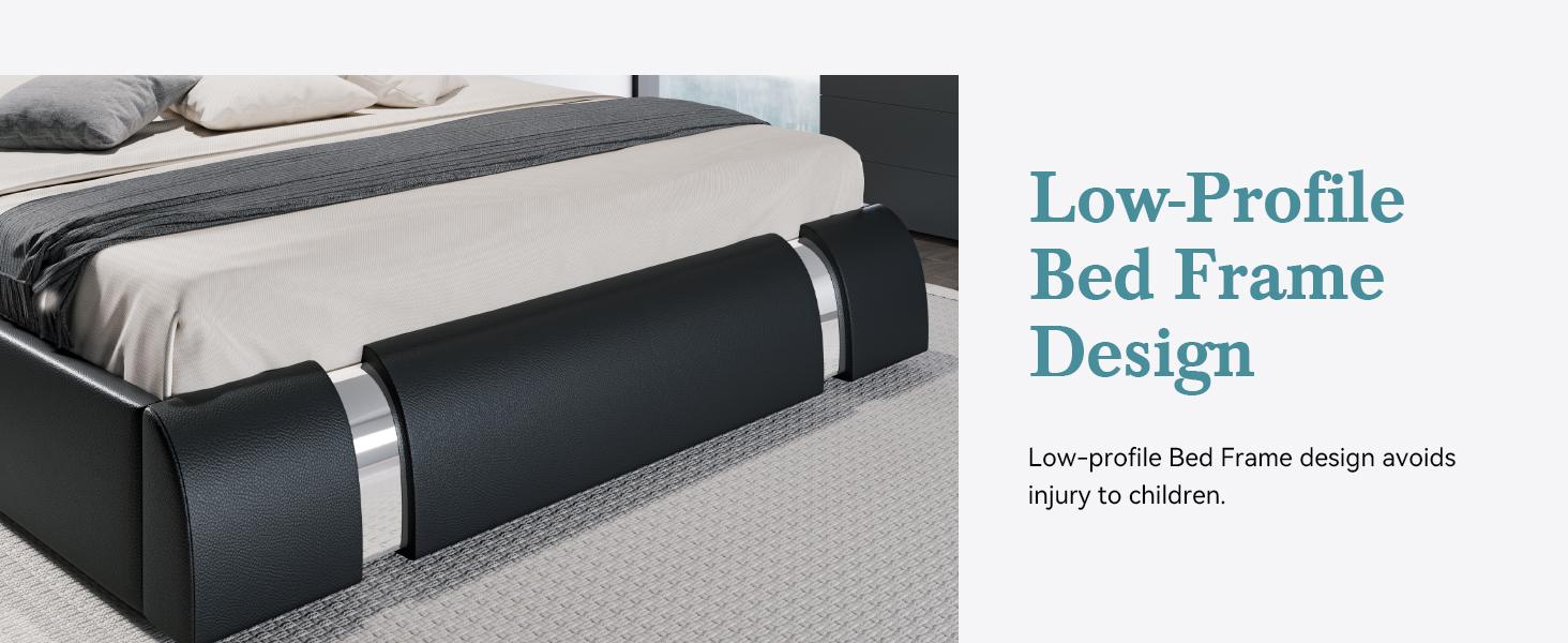 HOOMIC Modern Faux Leather Platform Bed Frame【Frame Only No Mattress】with Iron Pieces Decor,Low Profile Platform Bed with Height-adjustable Headboard,Solid Wood Slat Support,No Box Spring Needed,Queen/King Size#SummerVibes