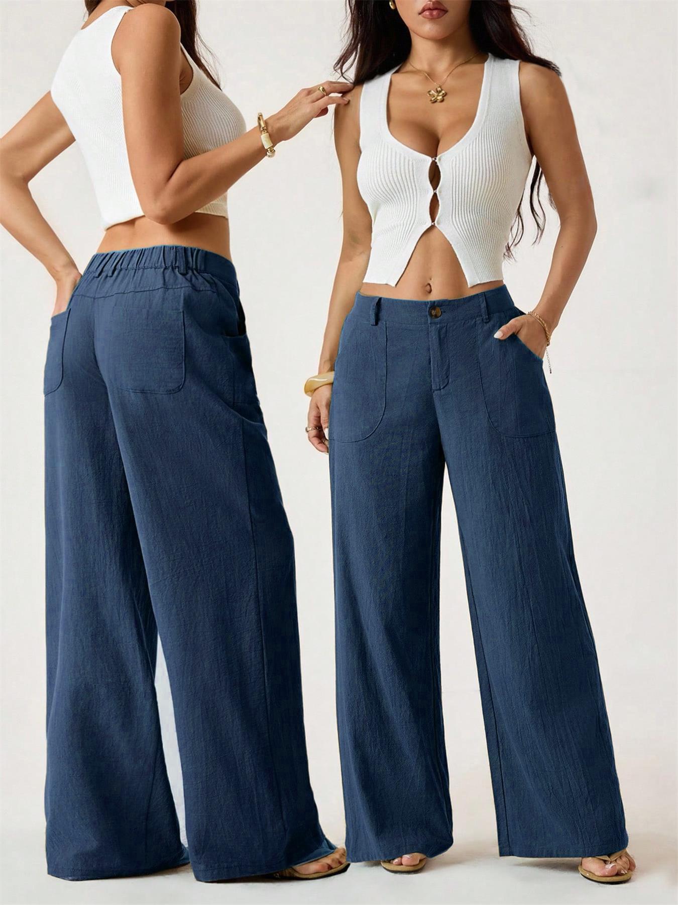 Women's Classical Linen Palazzo Pants Summer Flowy Wide Straight Leg Beach Trousers With Pocket Casual Solid Color Soft Elastic High Waist Lounge Pants Travel Vacation Bottoms Date Brunch Home Work Streetwear Outfit