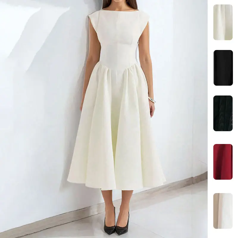Women French Style Midi Dress Sleeveless Boat Neck Elegant Luxury A‑Line Flowy Swing Party Cocktail Dress