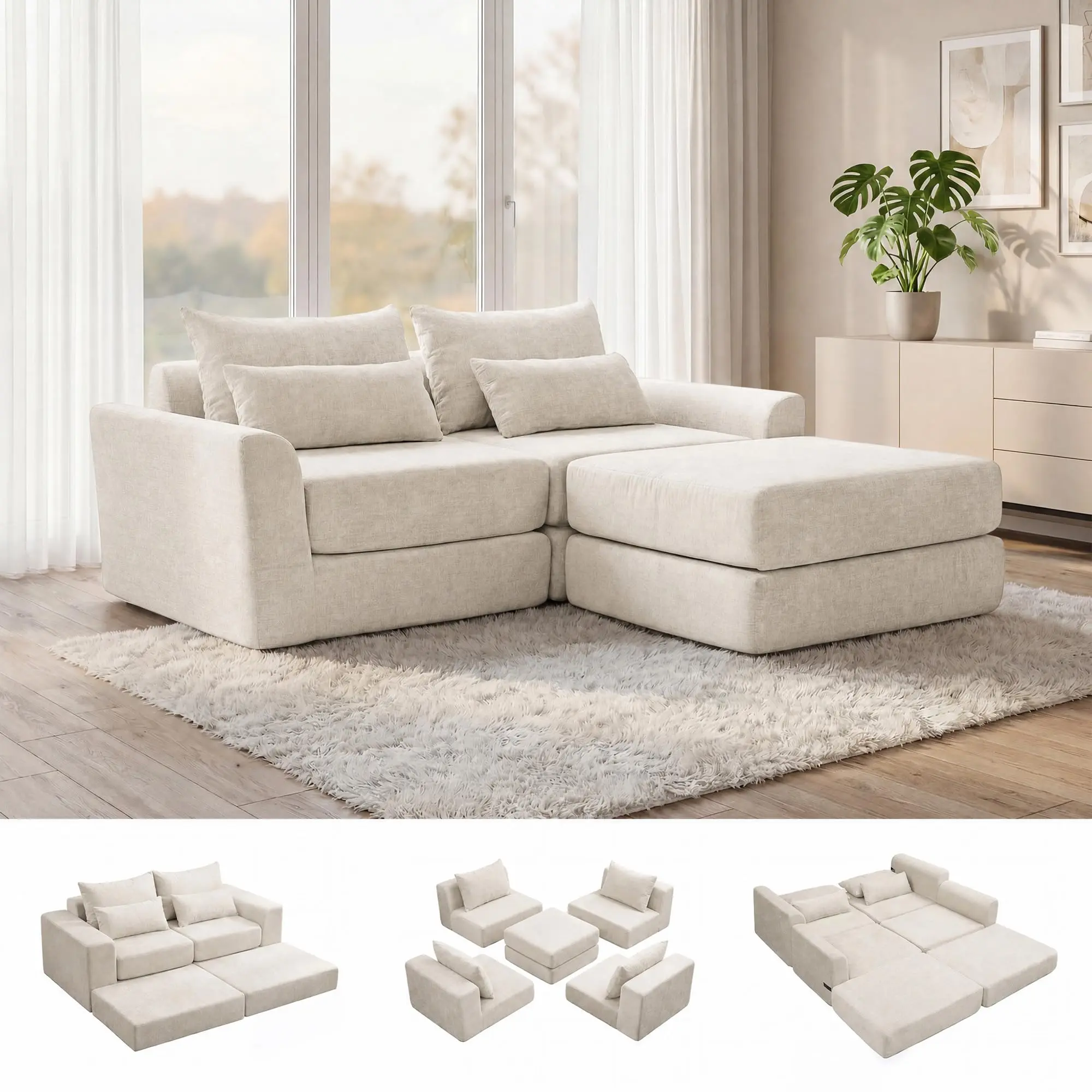 Modular Sectional Sofas Living Room, Washable Cloud-Soft Chenille Couch, Convertible for Living Room & Apartment, No Assembly Needed