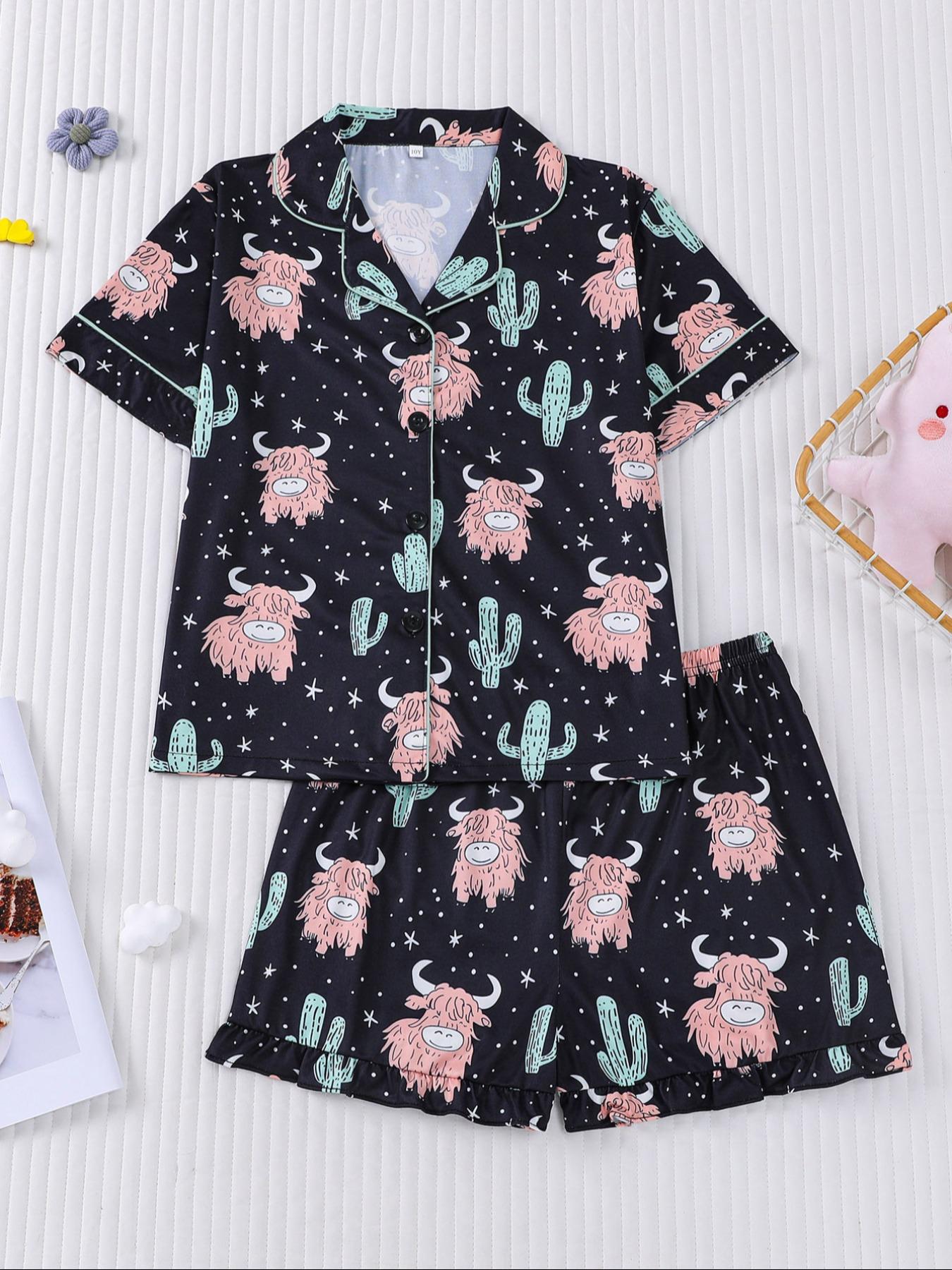 Children's pajamas 2 sets of cute little yak printed children's pajamas for girls and boys, new for summer 202, flame retardant, thin short-sleeved shorts 2 sets of pajamas for children can be worn outside as home clothes 2 sets of Print Sleepwear
