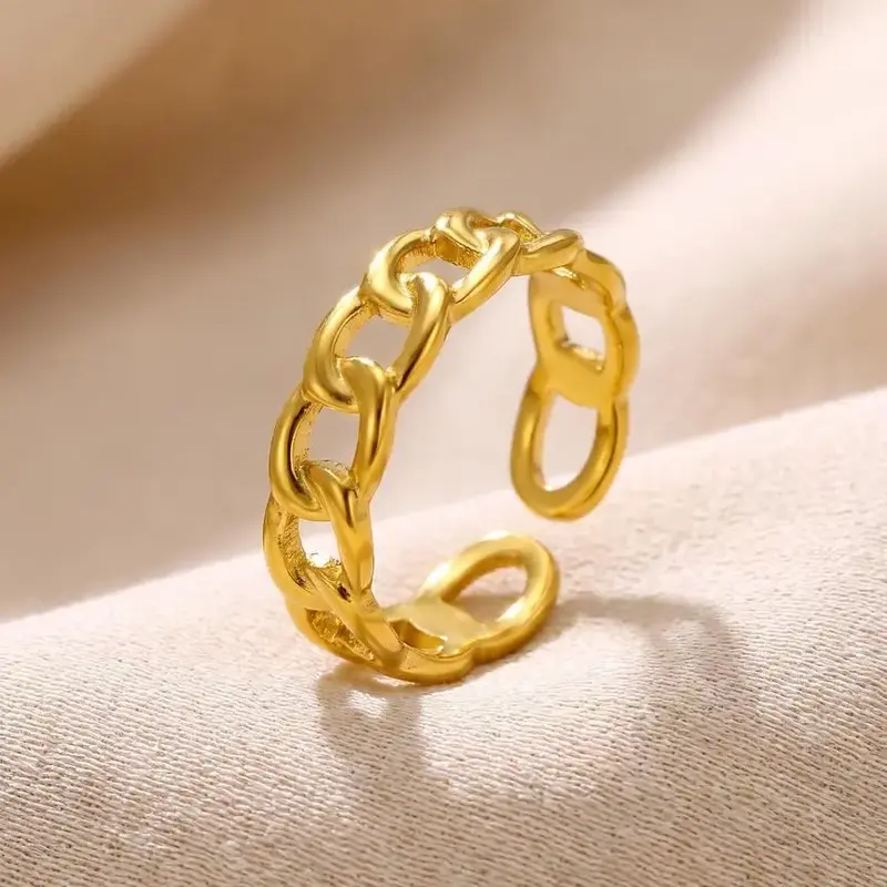 Vintage Hollow out Cuban Chain Design Cuff Ring, Stainless Steel Jewelry, Fashionable Jewelry, for Party, Daily Clothing Decor for Girl, Trendy All-match Jewelry for Birthday Gift, Stackable Rings, Geometric Design Ring