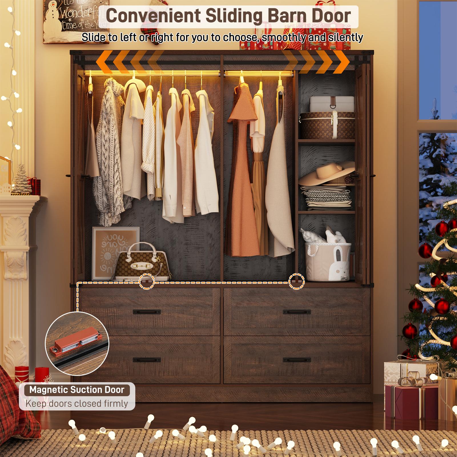 Farmhouse 6 Doors/4 Doors/3 Doors Armoire Wardrobe Closet w/Folding Sliding Barn Door and Lights, LED Armoire Closet w/Drawers for Bedroom, Freestanding Wooden Wardrobe Storage Closets w/Hanging Rod (Antique White/Rustic Brown/Black) Farmhouse 6 Doors/4 Doors/3 Doors Armoire Wardrobe Closet w/Folding Sliding Barn Door and Lights, LED Armoire Closet w/Drawers for Bedroom, Freestanding Wooden Wardrobe Storage Closets w/Hanging Rod (Antique White/Rustic Brown/Black)