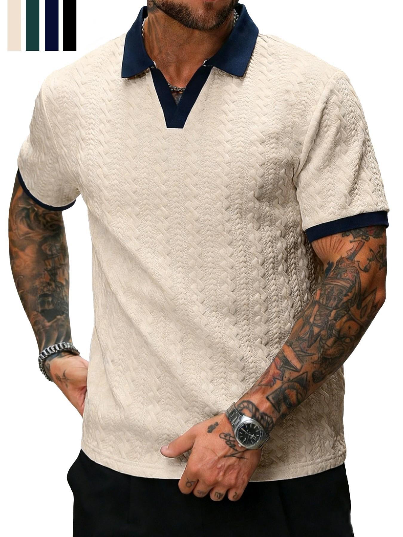 Men's Retro Colorblock Polo Shirt, Textured V Neck Short Sleeve Top, Casual Street Style, Summer Fashion, Fitted Leisurewear