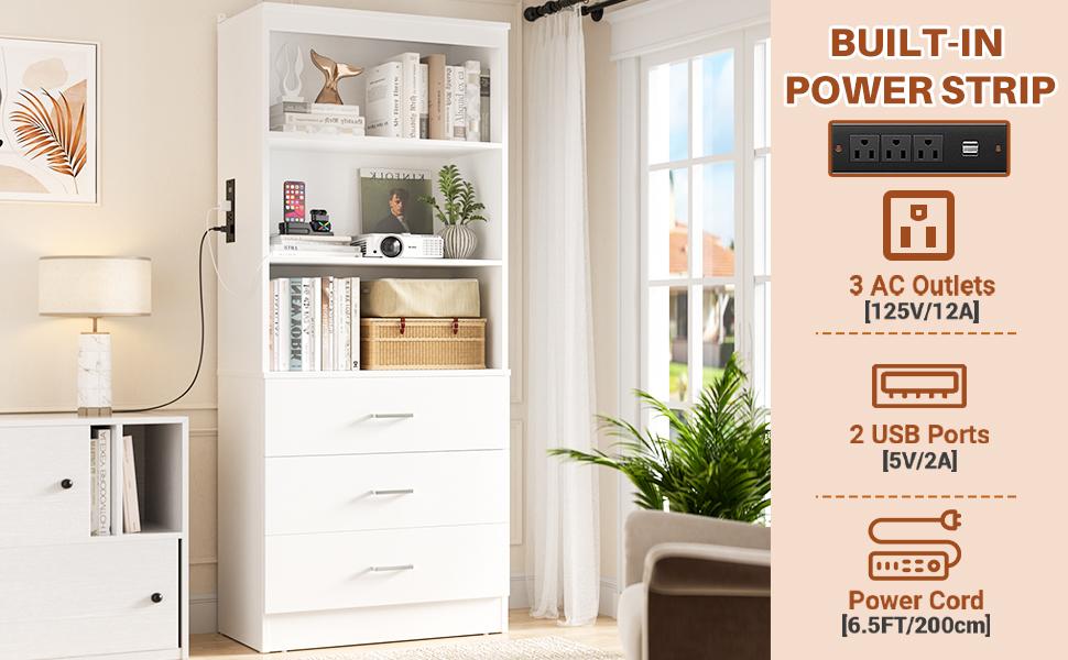23.6" Storage Cabinet Bookshelf with Charging Station and 3 Wood Drawers, Freestanding Closet System with Storage Shelves, Wardrobe, Closet Rack