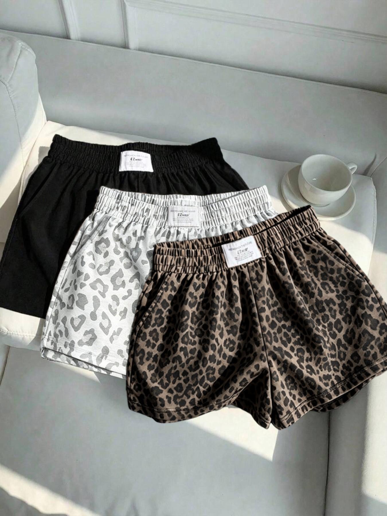 3-Pack Vintage Leopard Print Elastic Waist Casual Shorts for Women, Letter Waist Label Design, Y2K Style Sporty Outerwear Slimming Shorts