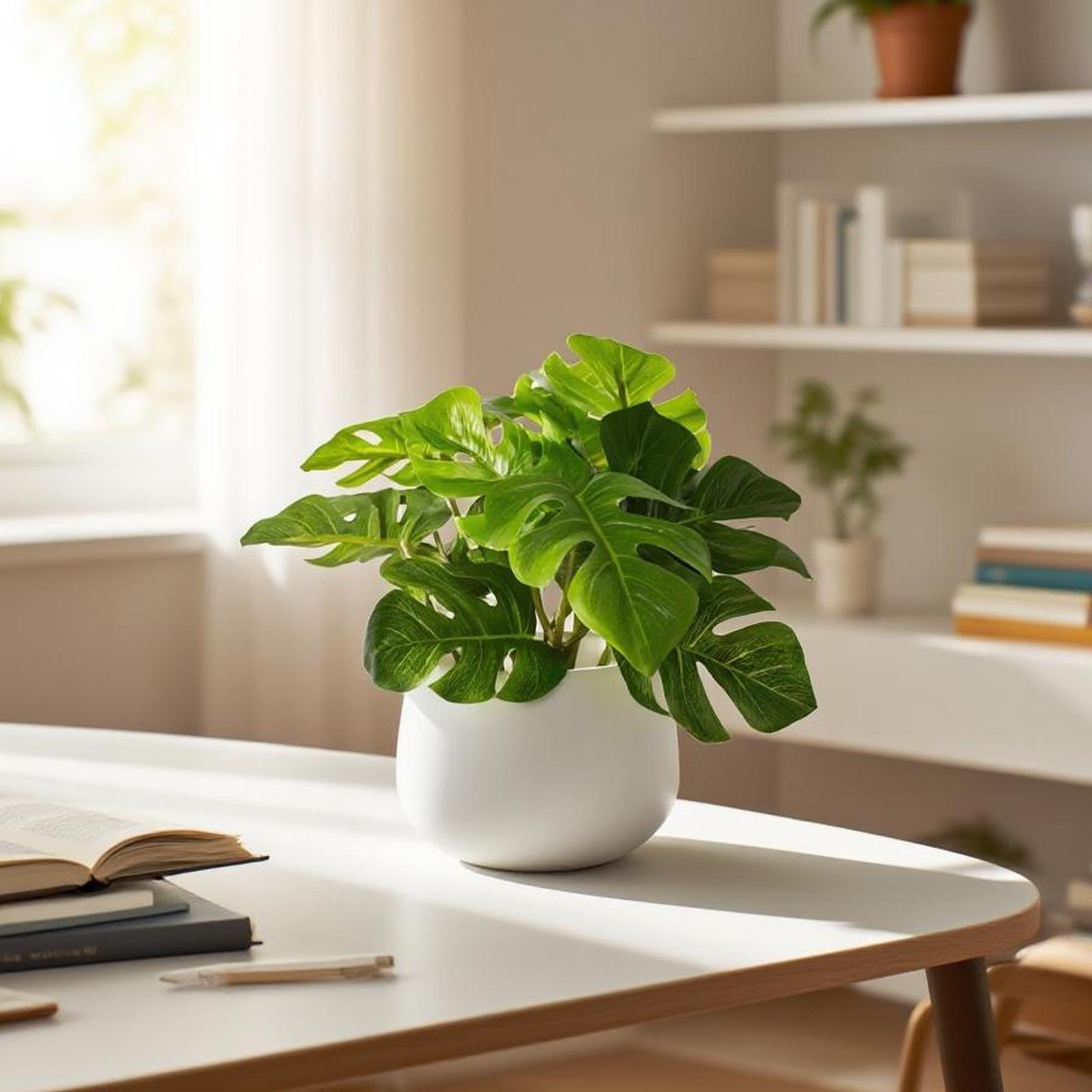 1pc Artificial Monstera Plant in A White Pot, 6-inch Potted Artificial Green Plant, Perfect for Decorating Dining Tables, Home Interiors, and Office Bookshelves. Maintenance-free—no Watering Required.