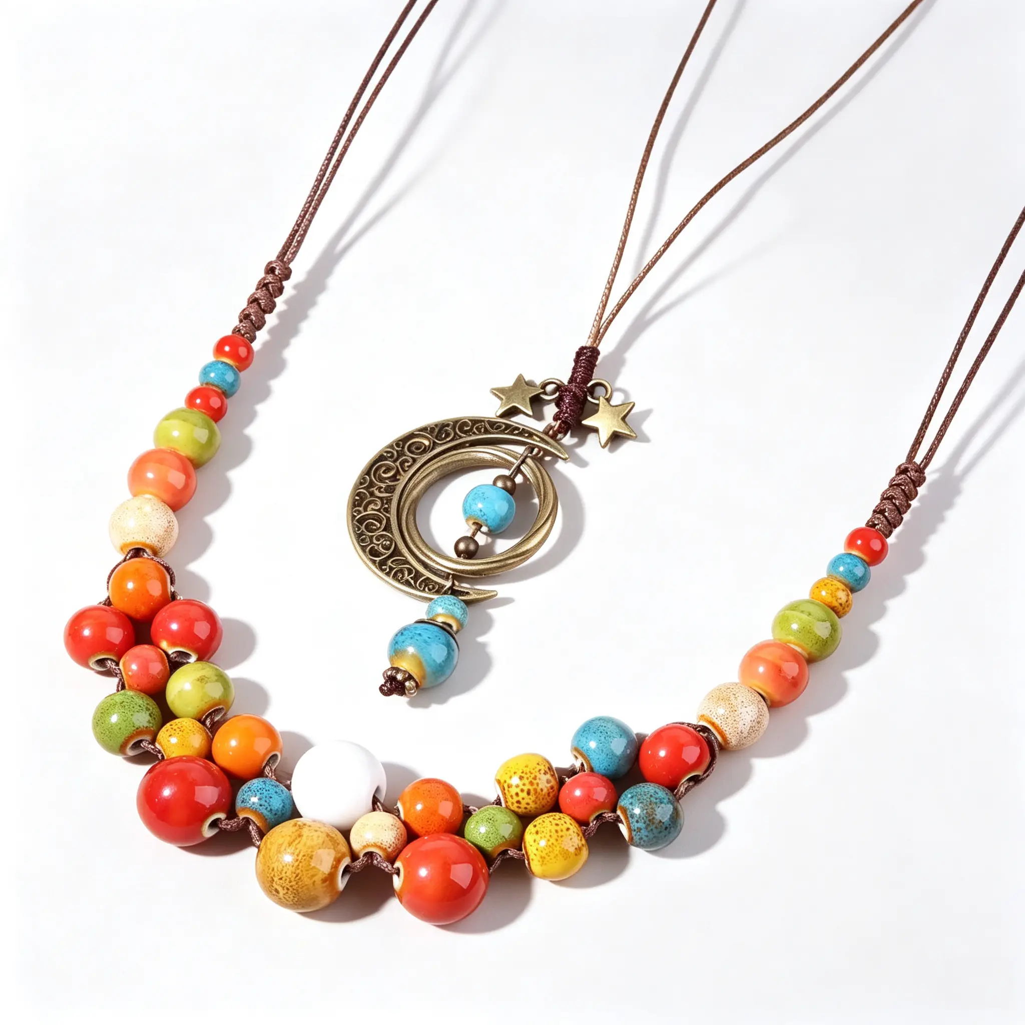 2PCS Boho Crescent Moon Lariat Necklace – Vintage Ceramic Beaded Strand, Hippie Summer Jewelry Gift for Women