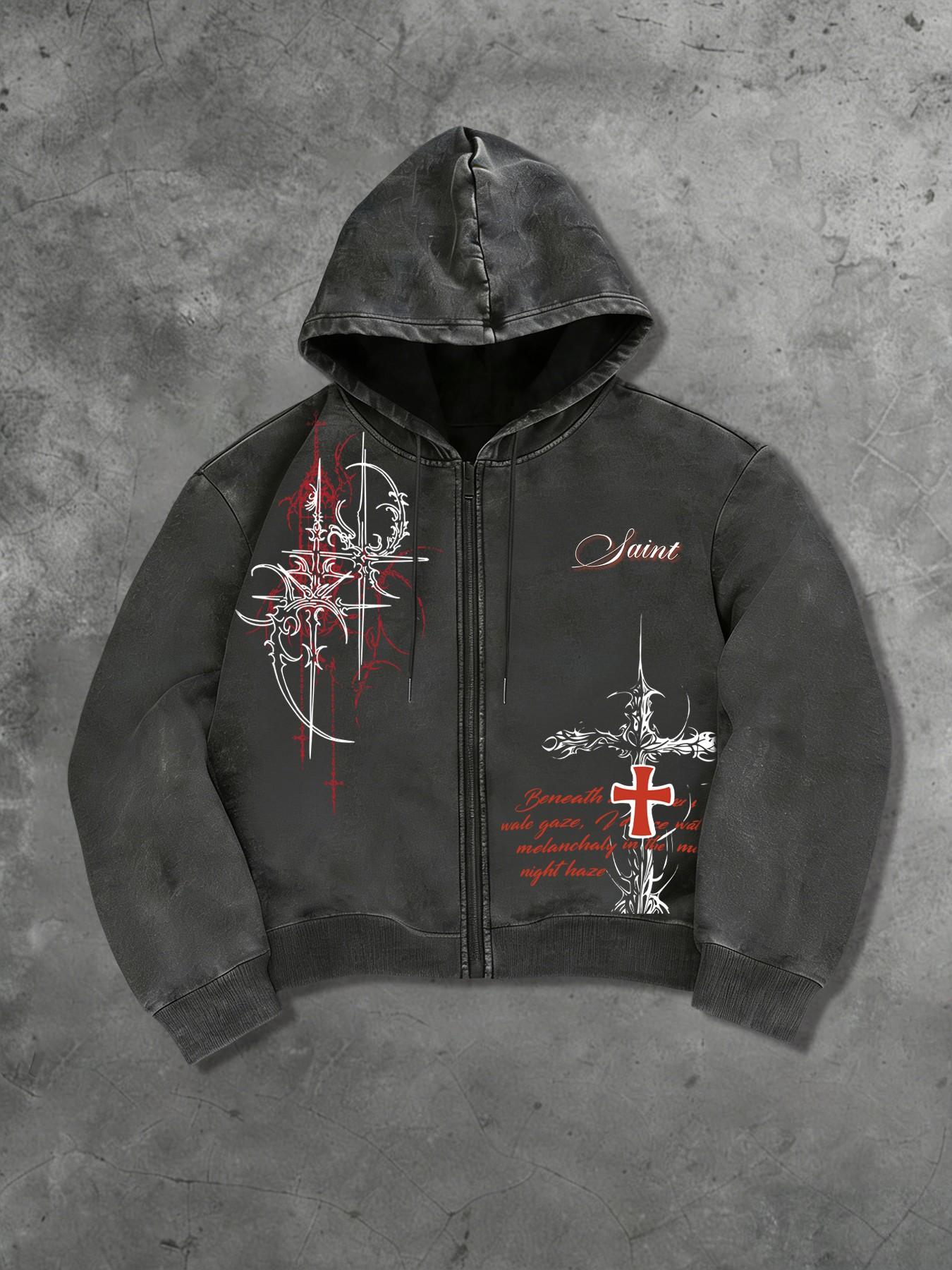 Men's Y2K Dark Aesthetic Saint Thorn Cross Zip Graphic Print