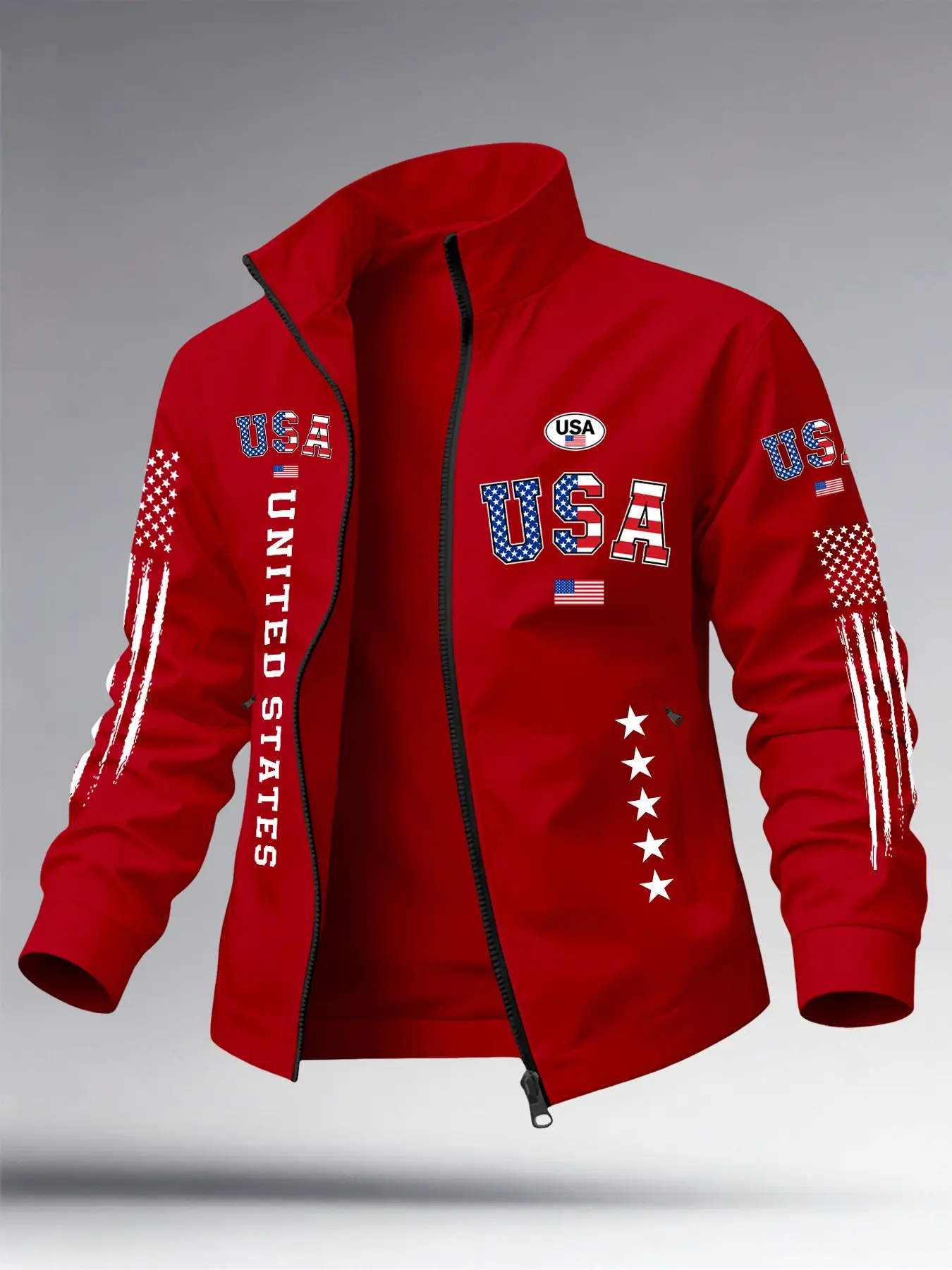 Men's Lightweight Lapel Jacket with Zipper Pockets, Usa Flag Print, High-Quality Smooth Fabric, Casual Outerwear for Daily Wear, Collared Zipper Jacket