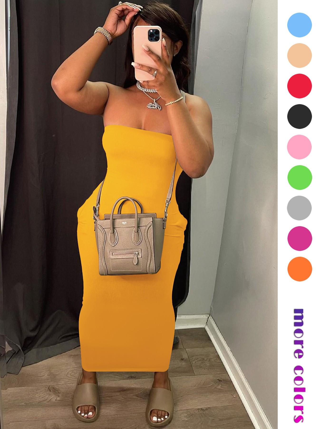 Women's 2026 Summer Tube Top Bodycon Maxi Dress, Sleeveless Ruched Backless Long Dress with Pockets, Stretchy Casual Going Out Vacation Party Dress for Women, Multiple Colors Available