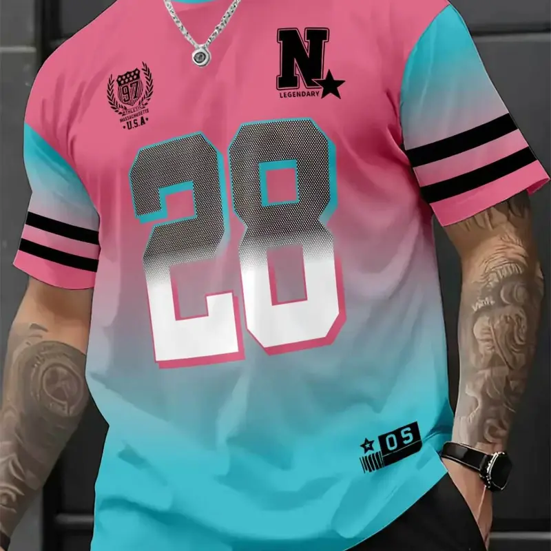 Men's Casual Round Neck Short Sleeve T-Shirt, 3D Number Printed Football Jersey, Fitted Long Tee, All Seasons Wear, Casual Sporty Top, Sports Apparel, Sports Clothing