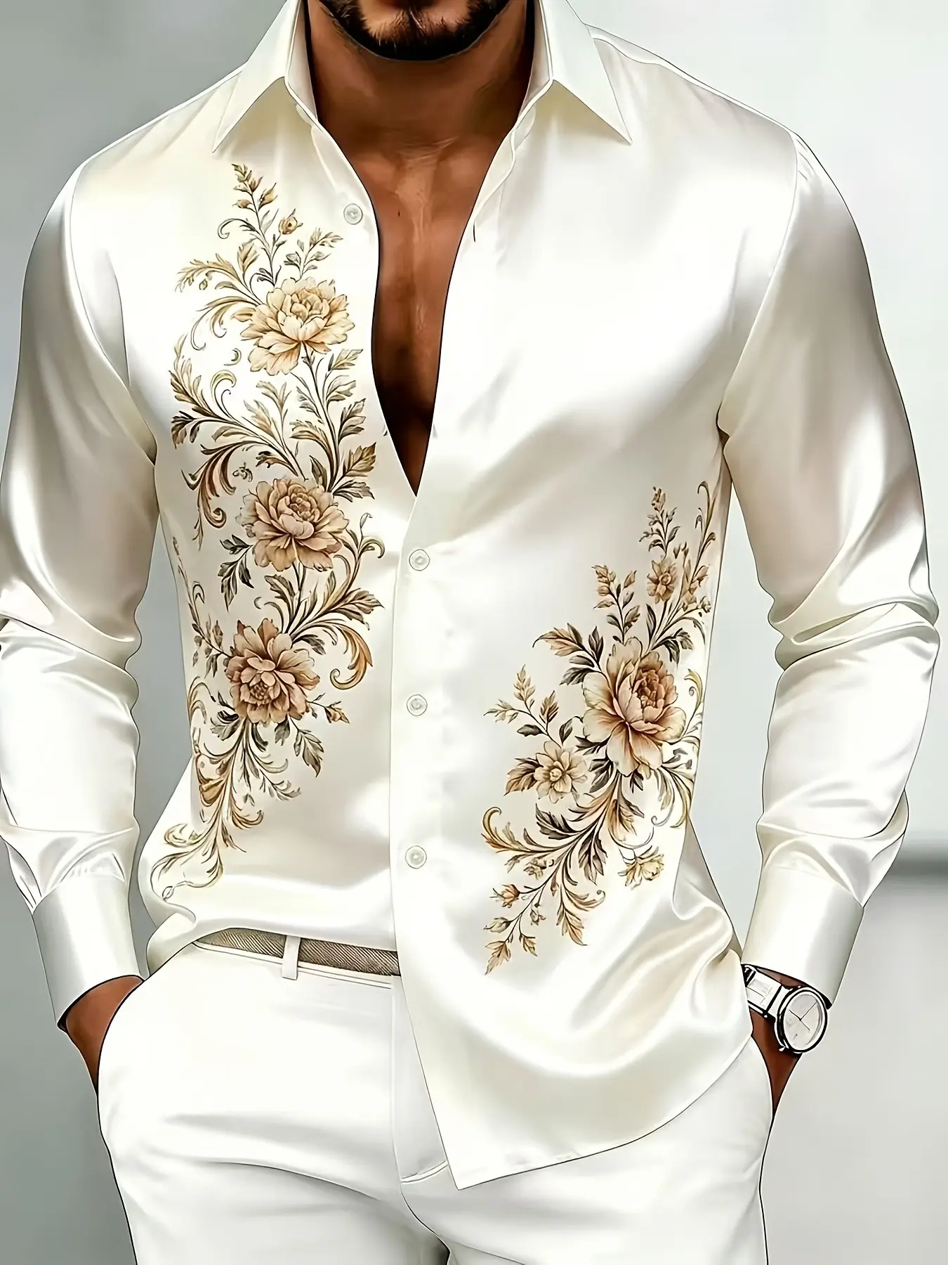 Vintage Gold Floral Peony Print Men's Shirt, Glossy Texture Long Sleeve Button-Up, Business Casual Trendy Shirt, Slim-Fit Casual Top