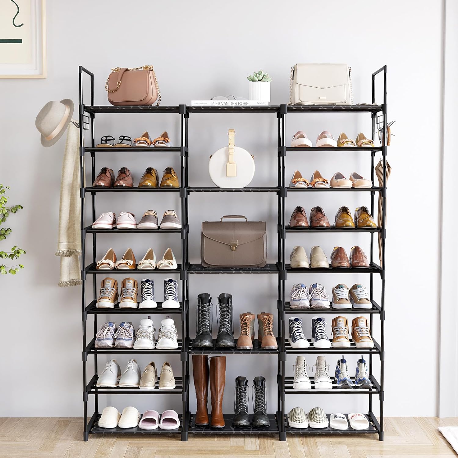 MOMOK 10-Tiers Shoe Rack Tall Large Capacity 20-24 Pairs Wide Shoe Organizer Sturdy Shoe Shelf for Entryway with Two Hooks Metal Shoe Storage for Closet, Bedroom, Black