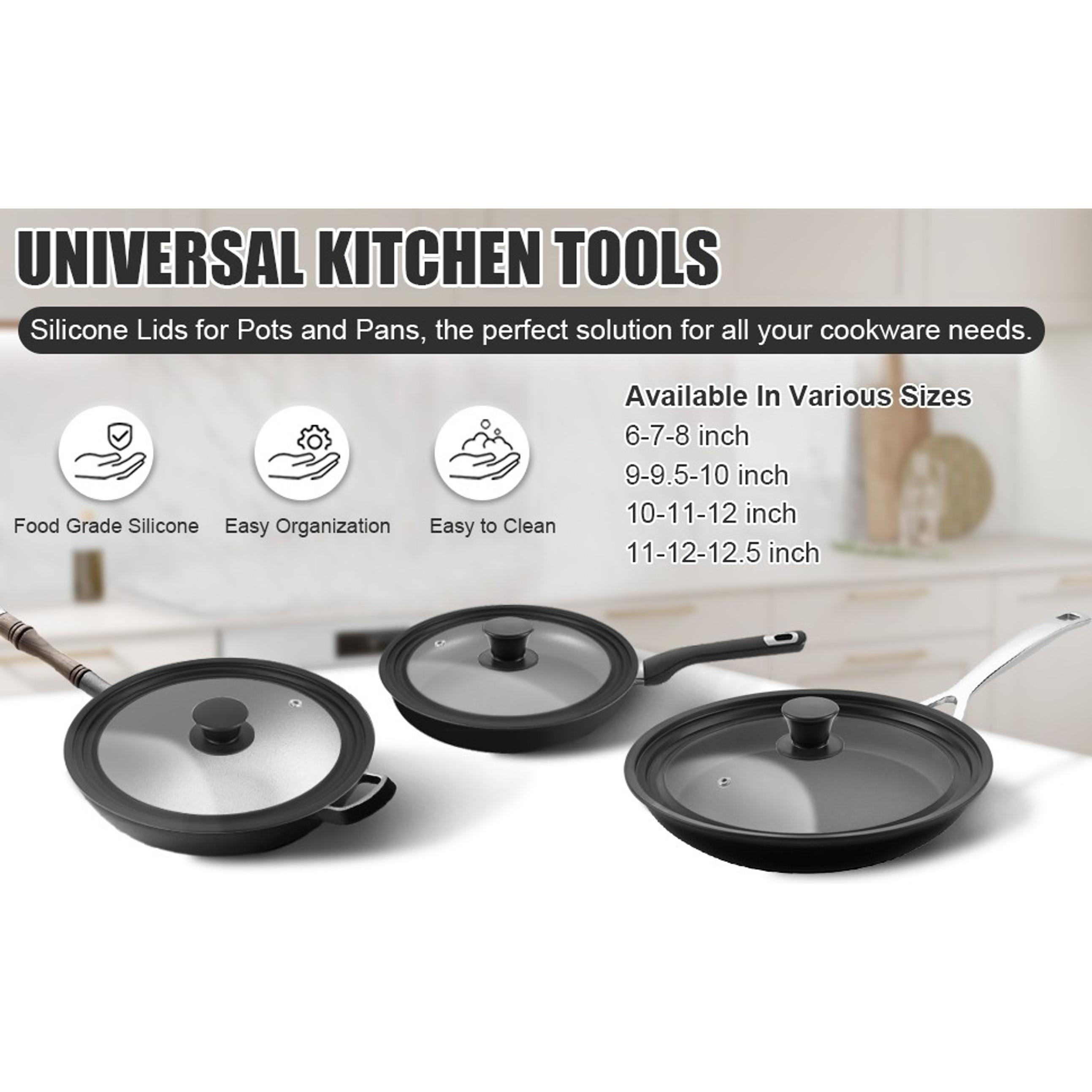 Universal Silicone Lid for Pots, Pans and Skillets, Fits 6" 7" 8" Cookware, Replacement Cover for Frying Pans, Cast Iron and Tempered Glass