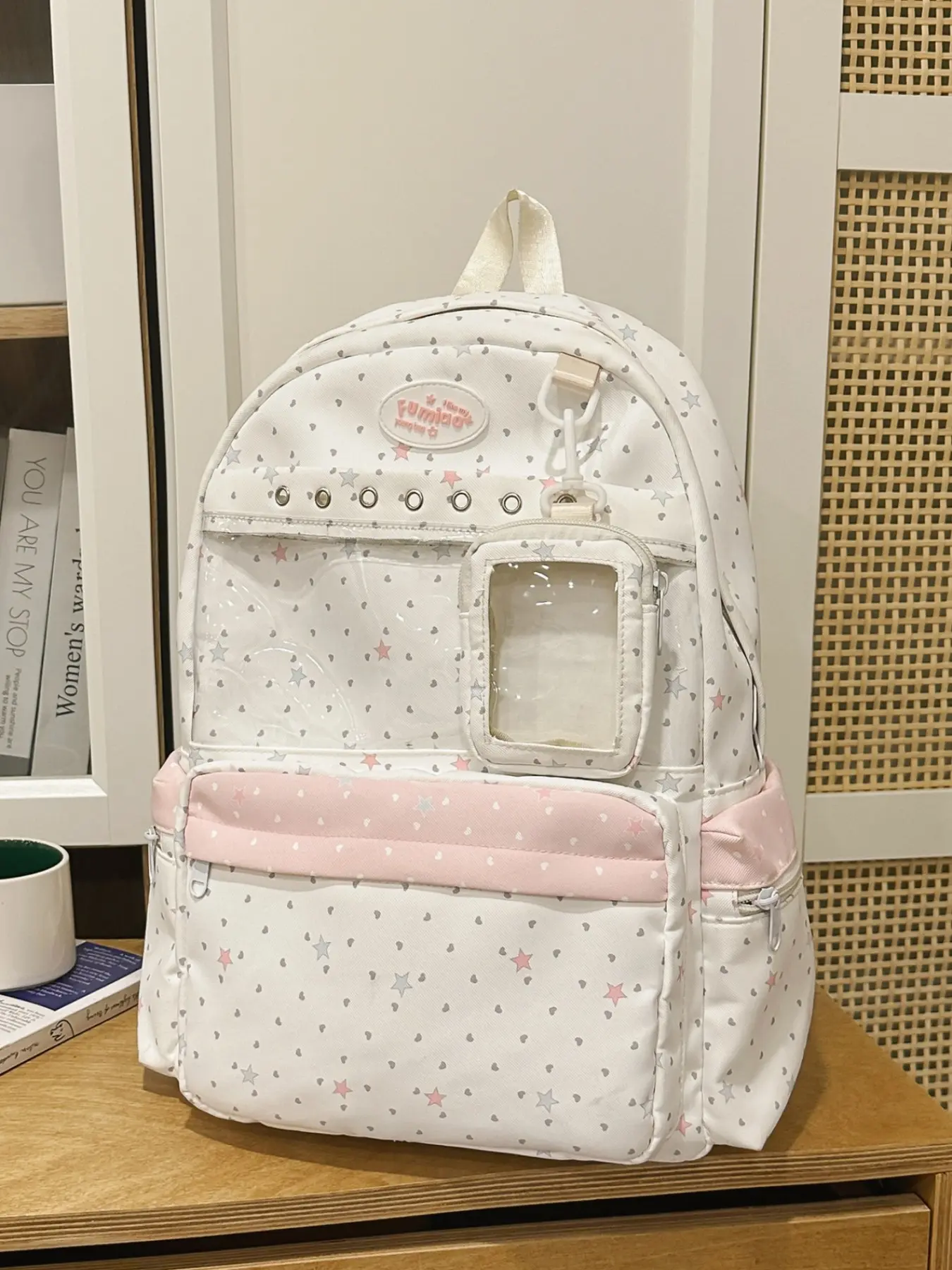 Sweet Style Star Polka Dot Transparent Backpack, Detachable Wallet, Multi-Pocket Design, High-Profile Student Bag, School Use, Clear Backpacks