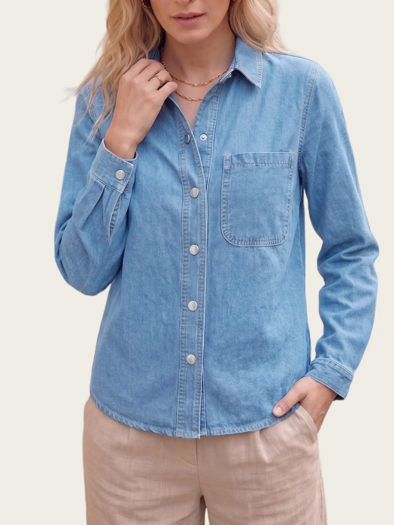 Women's Light Blue Washed Denim Shirt, Turn-Down Collar Long Sleeve Button Front, Chest Pocket, Casual Loose Fit, Spring & Fall
