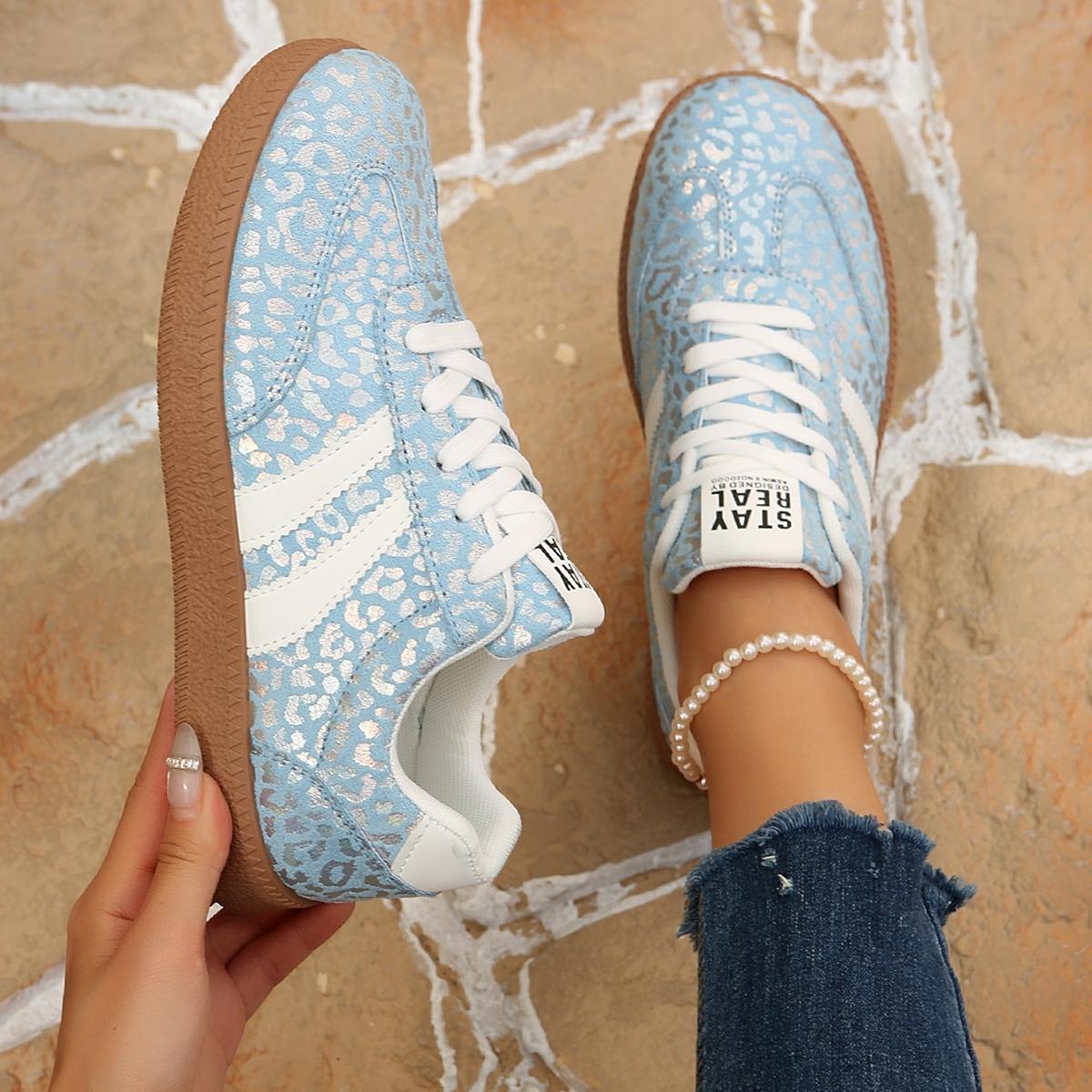 Vintage Leopard Print Sneakers, Pink/Blue, Comfortable Shoes for Commute & Shopping