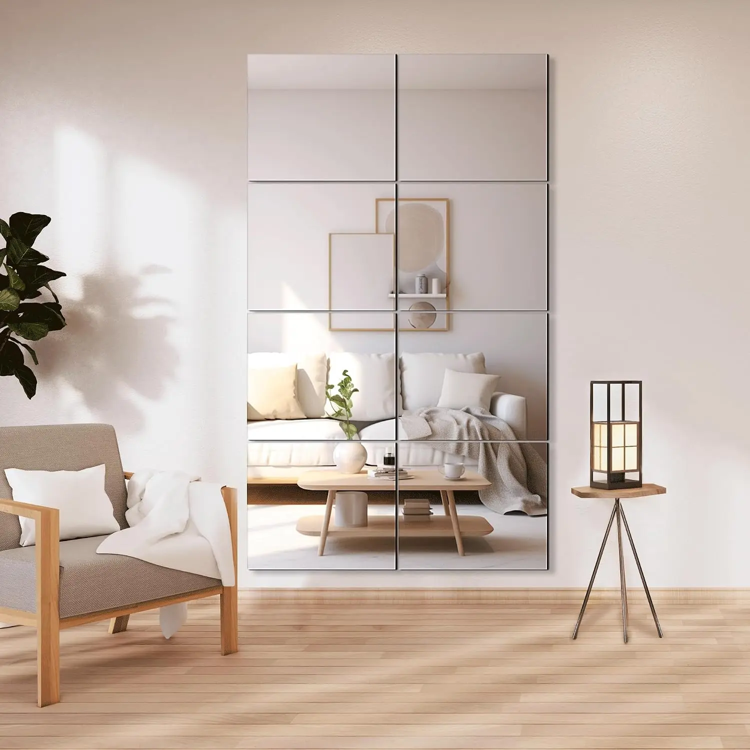 Frameless Mirror Tiles 14"x12"x8 Pcs Wall Mounted |   Shatter Resistant, Full Length, Tempered Glass Panels, For Home Gym Bathroom Bedroom & Living Room Decor