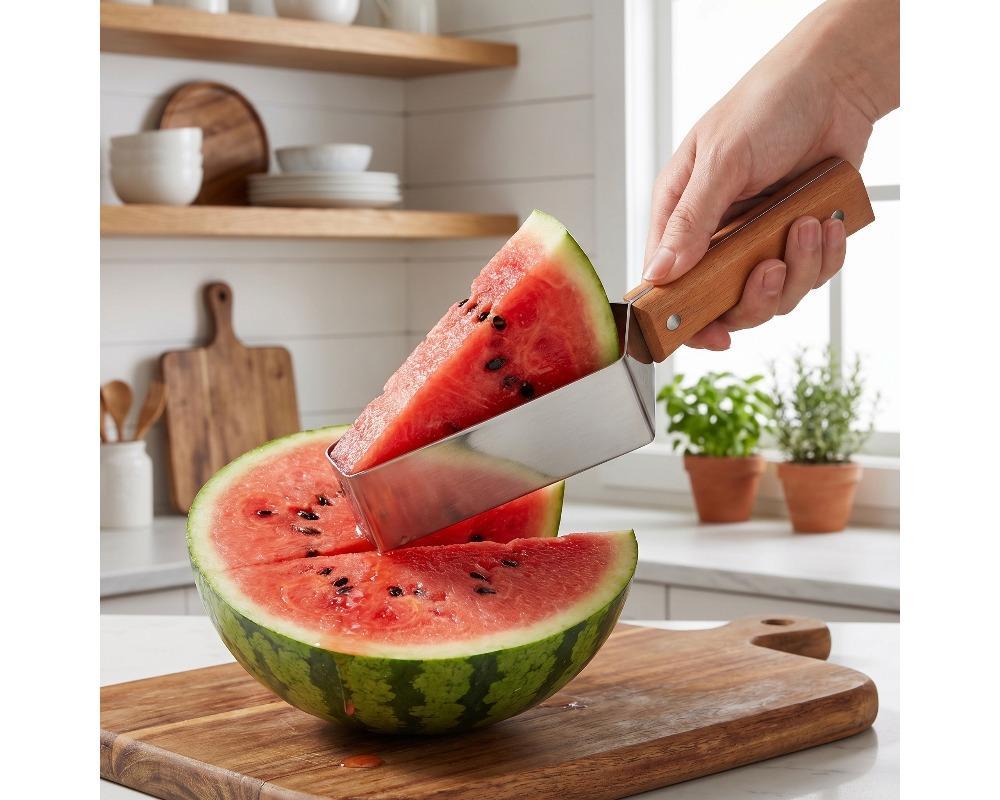 1/2pcs Stainless Steel Watermelon Slicer and Cutter Manual Fruit Cubing Tool with Ergonomic Wood Handle Portable Melon Scooper for Home and Travel Durable Kitchen Gadget for Uniform Slicing Practical Fruit Prep Assistant