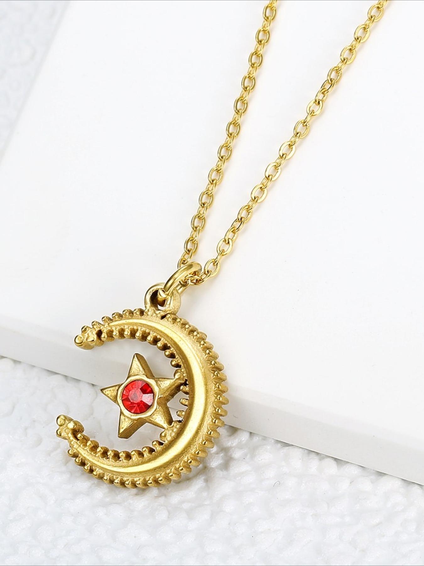 Vintage Relief Star Moon Inlaid Zircon Pendant Necklace Made of Stainless Steel Material, Mysterious and High-end Accessory