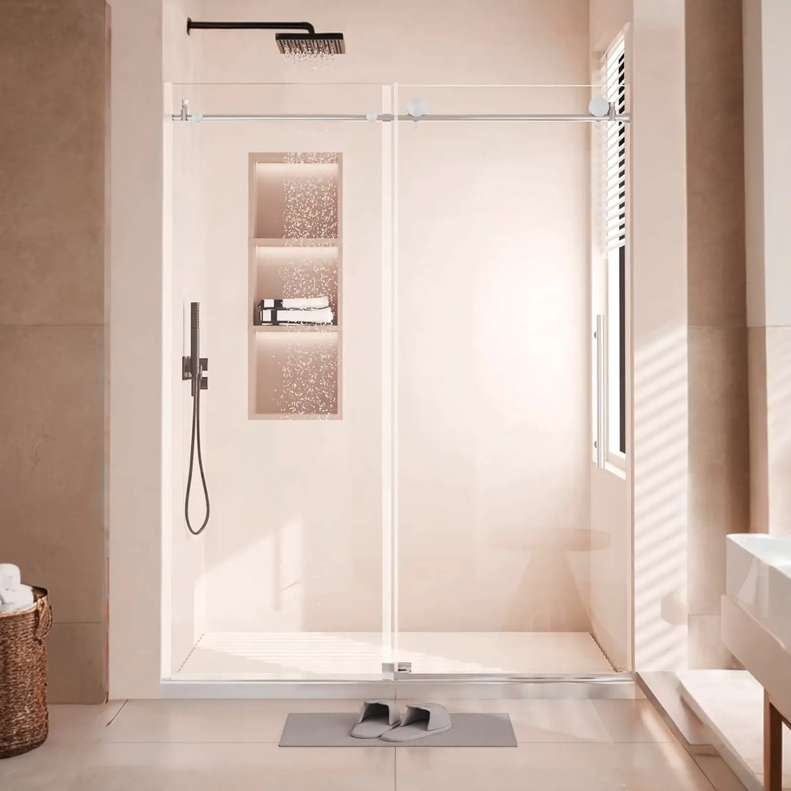 Shower Door Double Sliding,Frameless Tempered Glass Shower Door for Walk in Showers