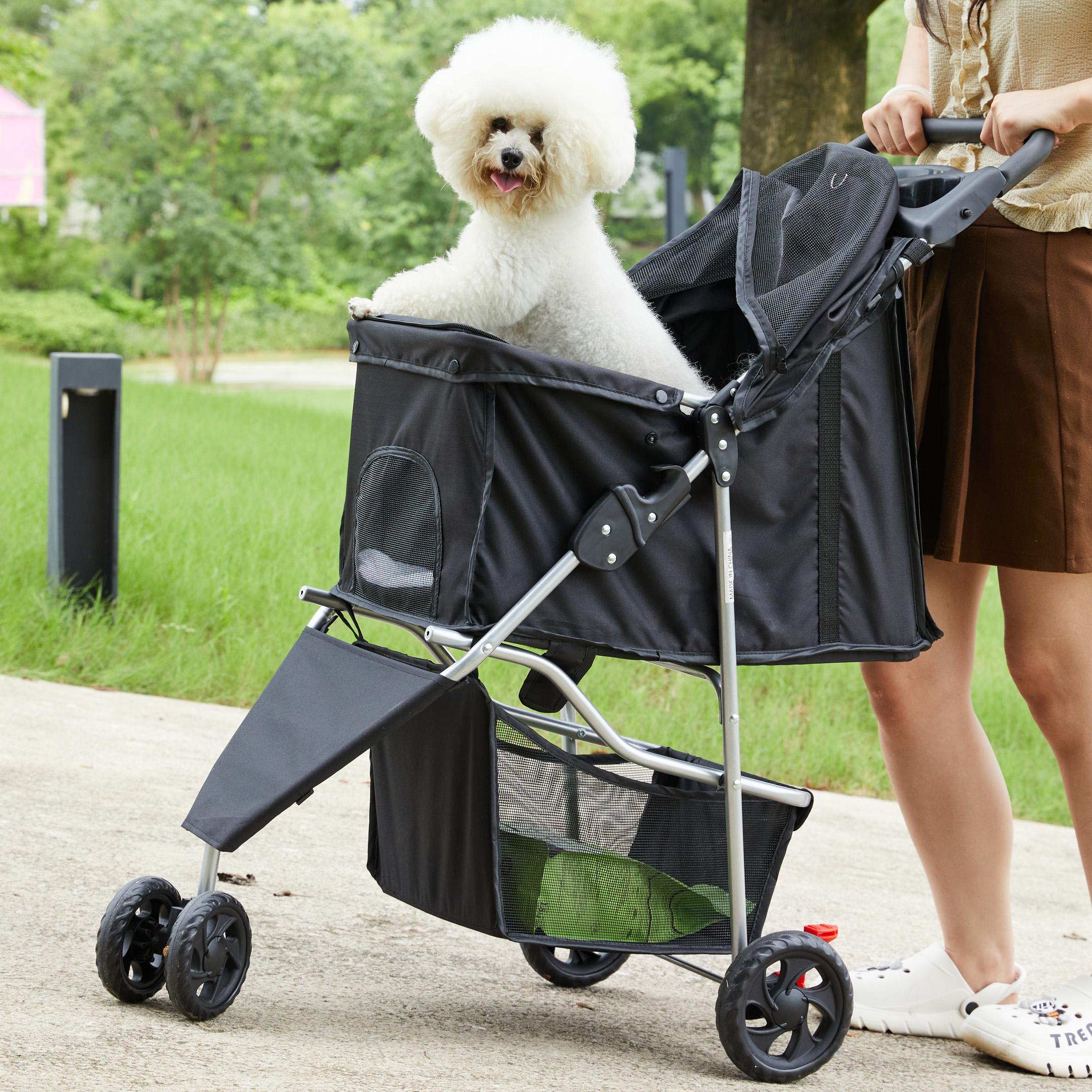 Foldable Portable Pet Stroller for Small to Medium Dogs and Cats Lightweight with Mesh Windows Storage Basket Safety Leash Cup Holders