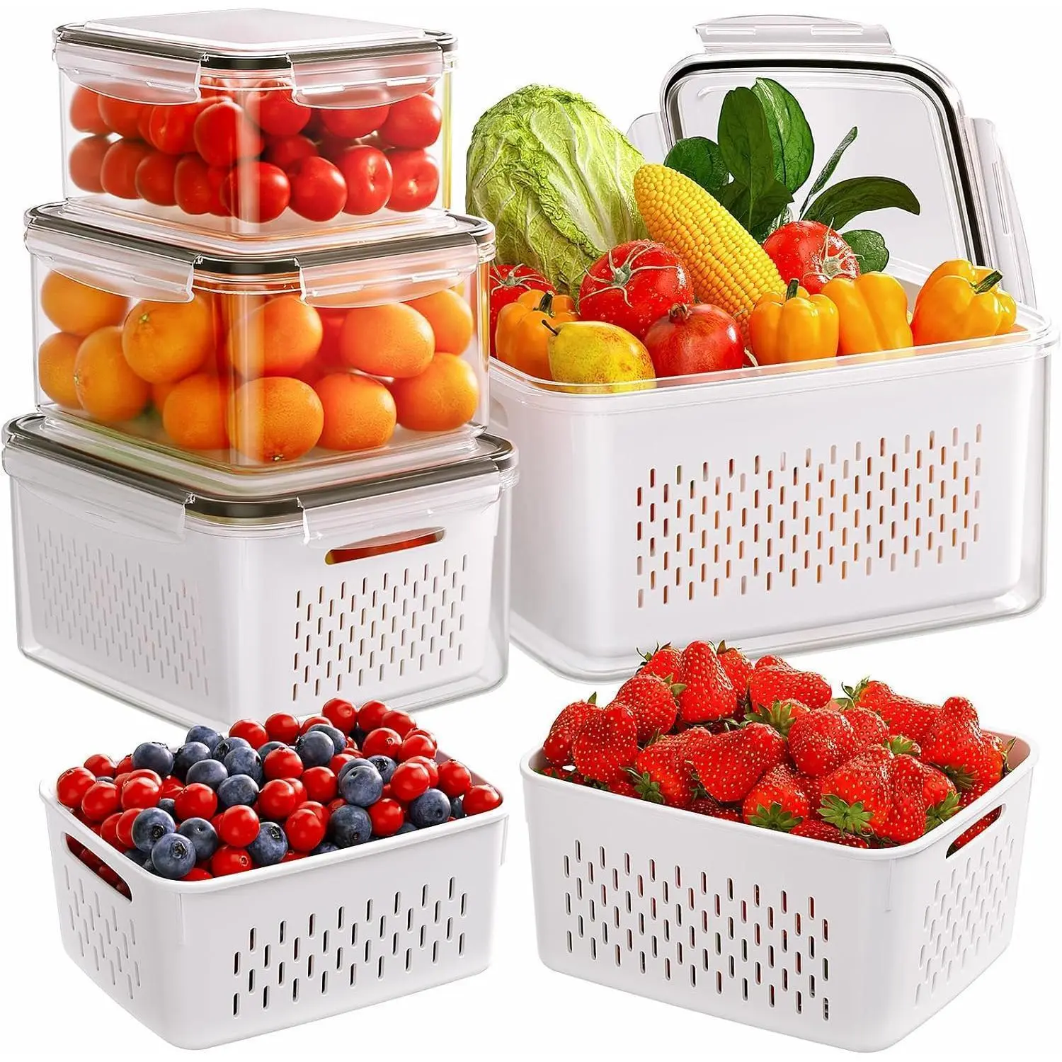 4/6 PCS Large Fruit Containers for Fridge - Leakproof Food Storage Containers with Removable Colander - Dishwasher & microwave safe Produce Containers Keep Fruits, Vegetables, Berry, Meat Fresh longer